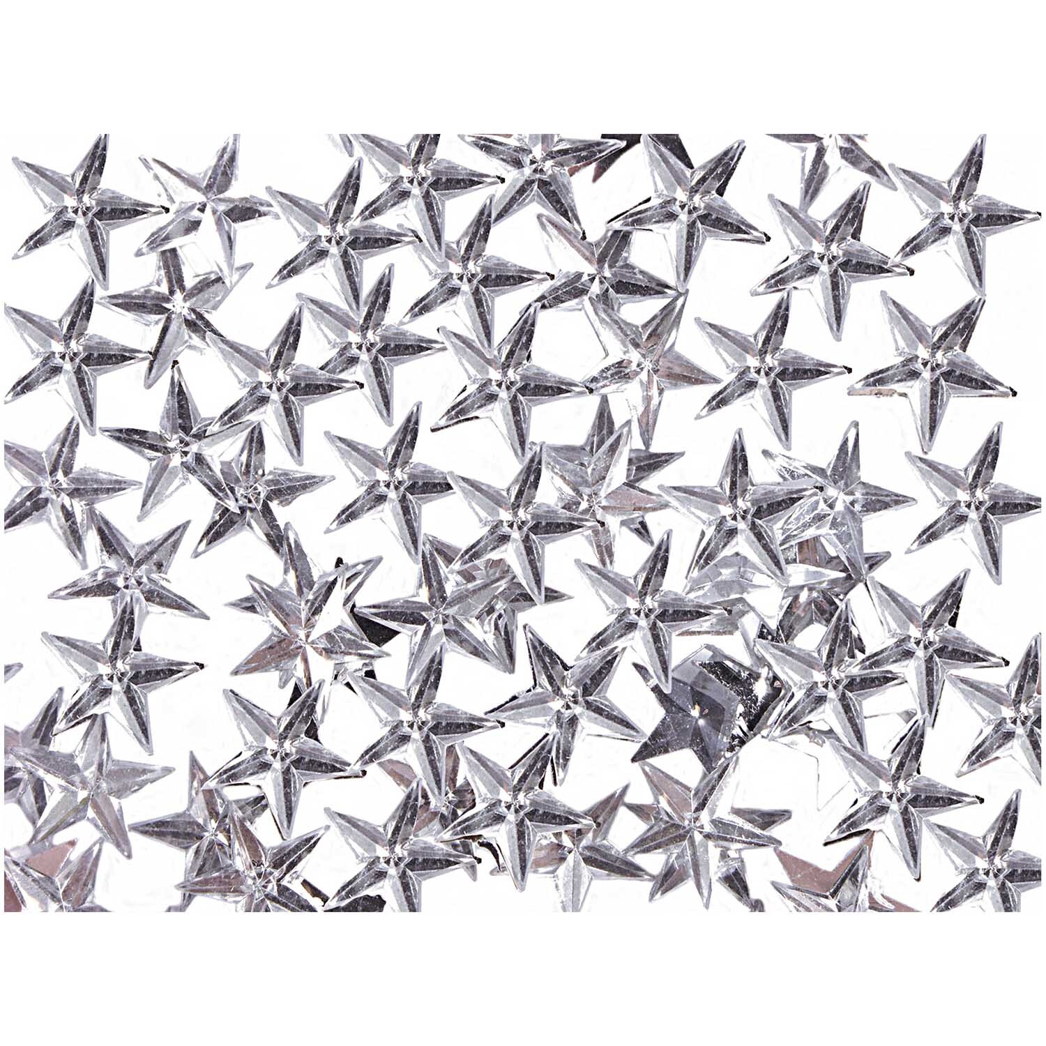 Strass Stern transparent 100 Stück von Rico Design. Klare, funkelnde Sterne auf weißem Hintergrund. Ideal für kreative Projekte.