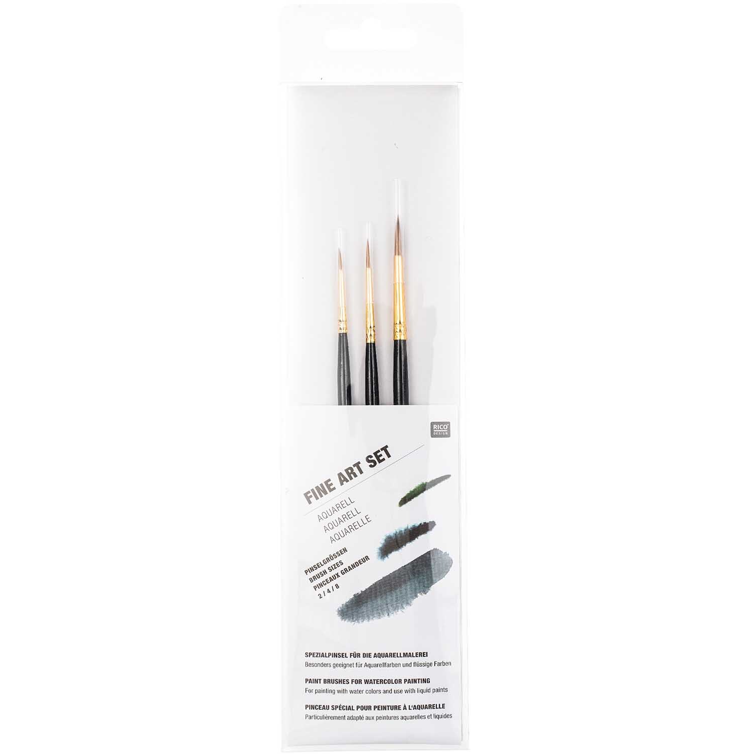Fine Art Aquarellset: 3-teiliges Set von Rico Design mit Pinseln in einer transparenten Verpackung. Ideal für präzise Maltechniken.