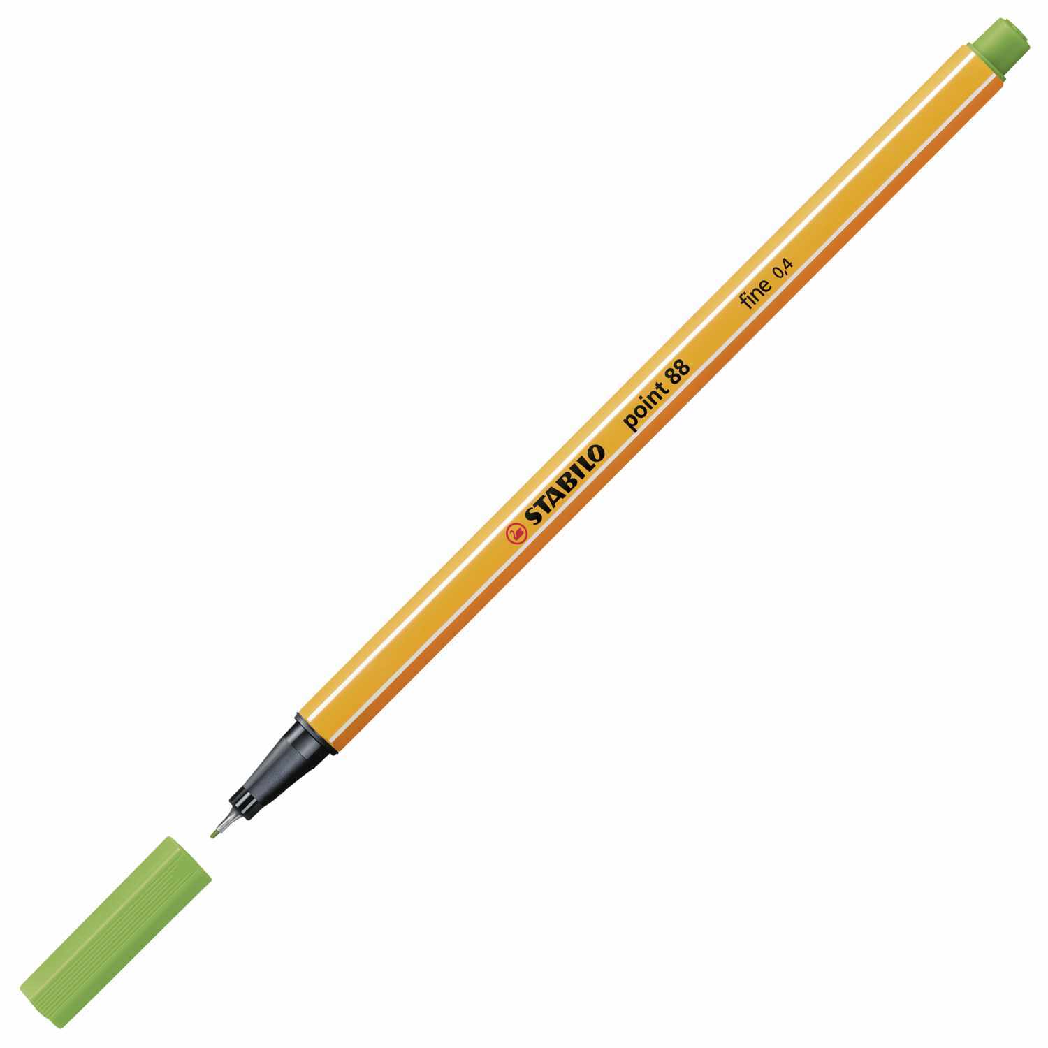 Point 88 Fineliner 0,4mm von STABILO in leuchtendem Neongrün, mit abnehmbarer Kappe und feiner Spitze. Ideal für präzises Schreiben und Zeichnen.