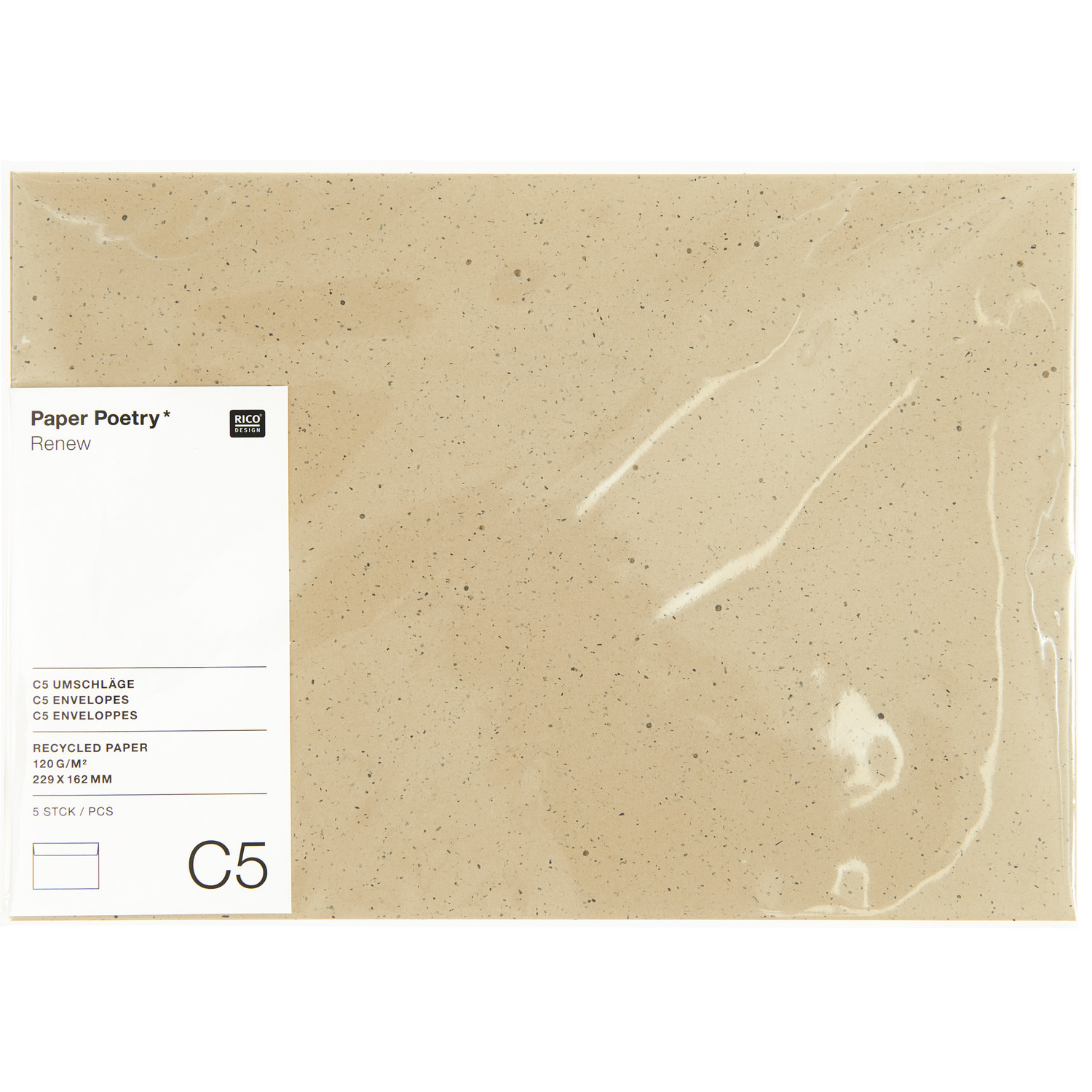 Paper Poetry Renew Umschläge C5 in Cappuccino, 5 Stück. Recyceltes Papier von Rico Design.