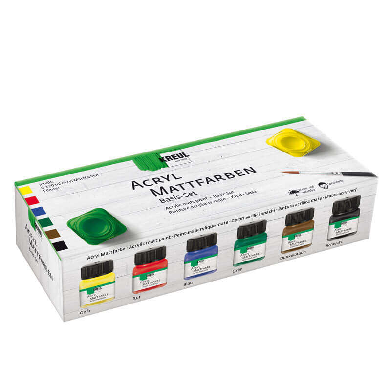Hobby Line Creativ Set Acryl Mattfarbe 6x20ml zeigt sechs bunte Acrylfarben von KREUL in einer Verpackung. Ideal für kreative Projekte.