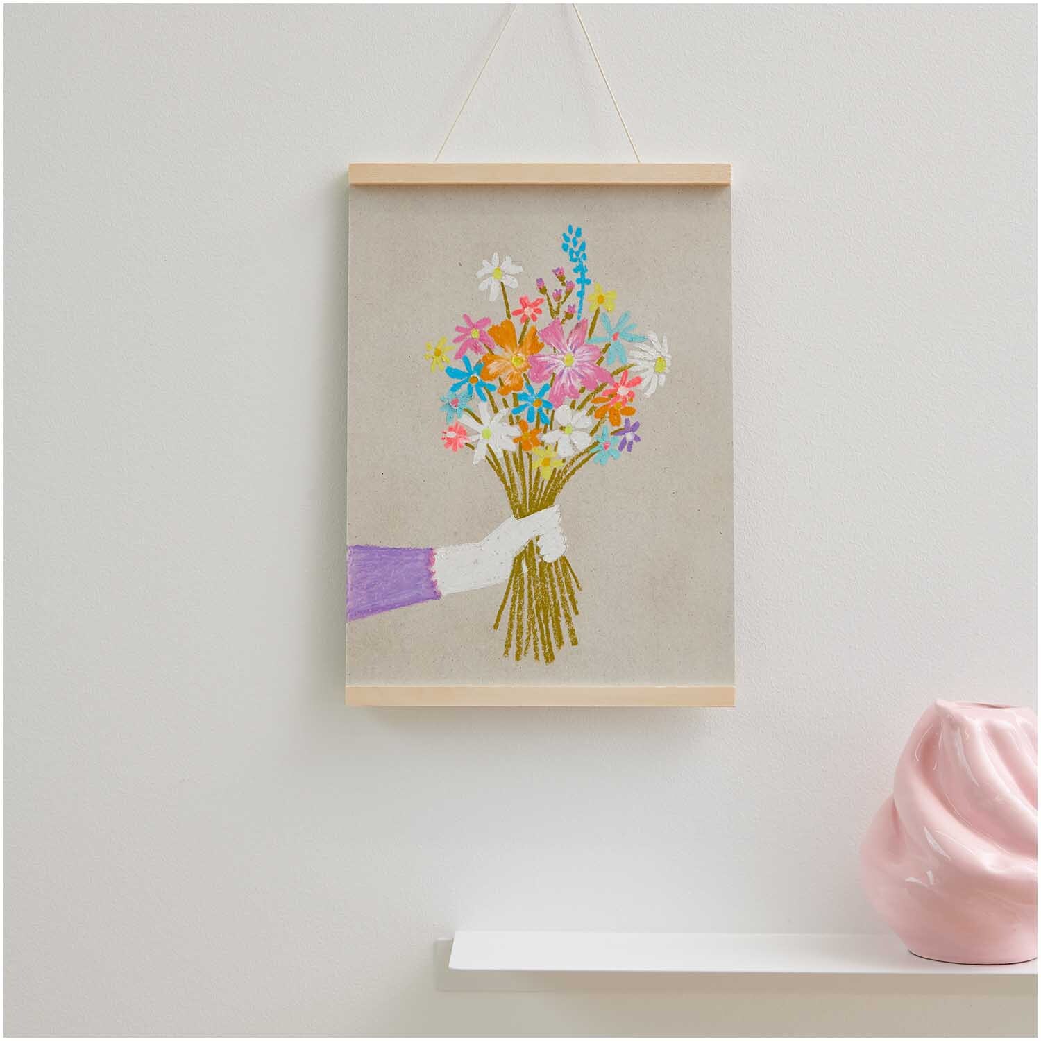 Ölpastellkreide Pastell & Neon 12 Farben: Buntes Blumenbild an der Wand, gemalt mit lebendigen Farben.