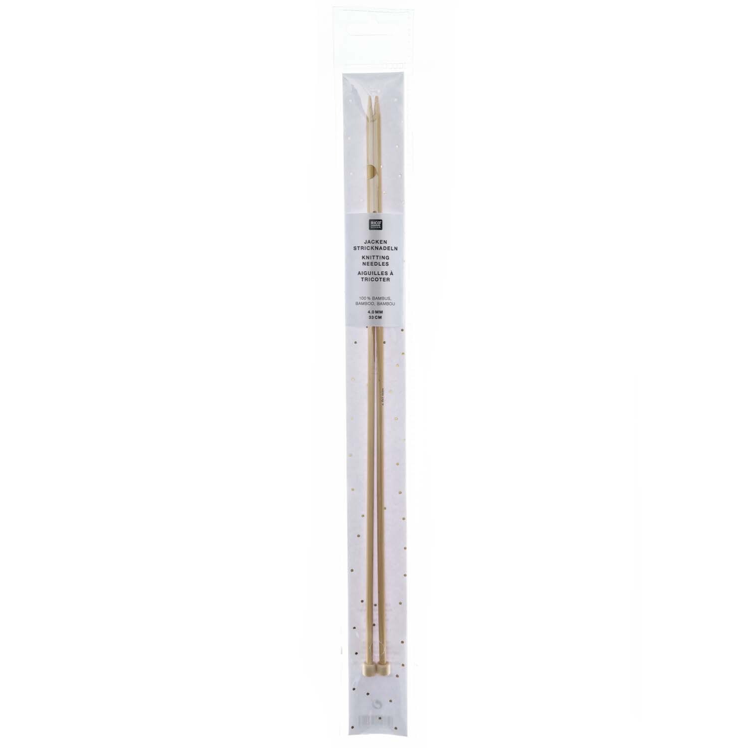 Jackenstricknadeln 33cm Bambus von Rico Design in einer transparenten Verpackung, ideal für Strickprojekte.