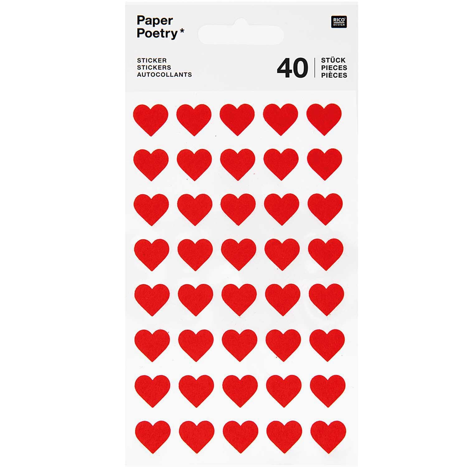 Paper Poetry Filzsticker Herzen klein: Ein Blatt mit 40 roten Herzstickern von Rico Design. Ideal für kreative Projekte.