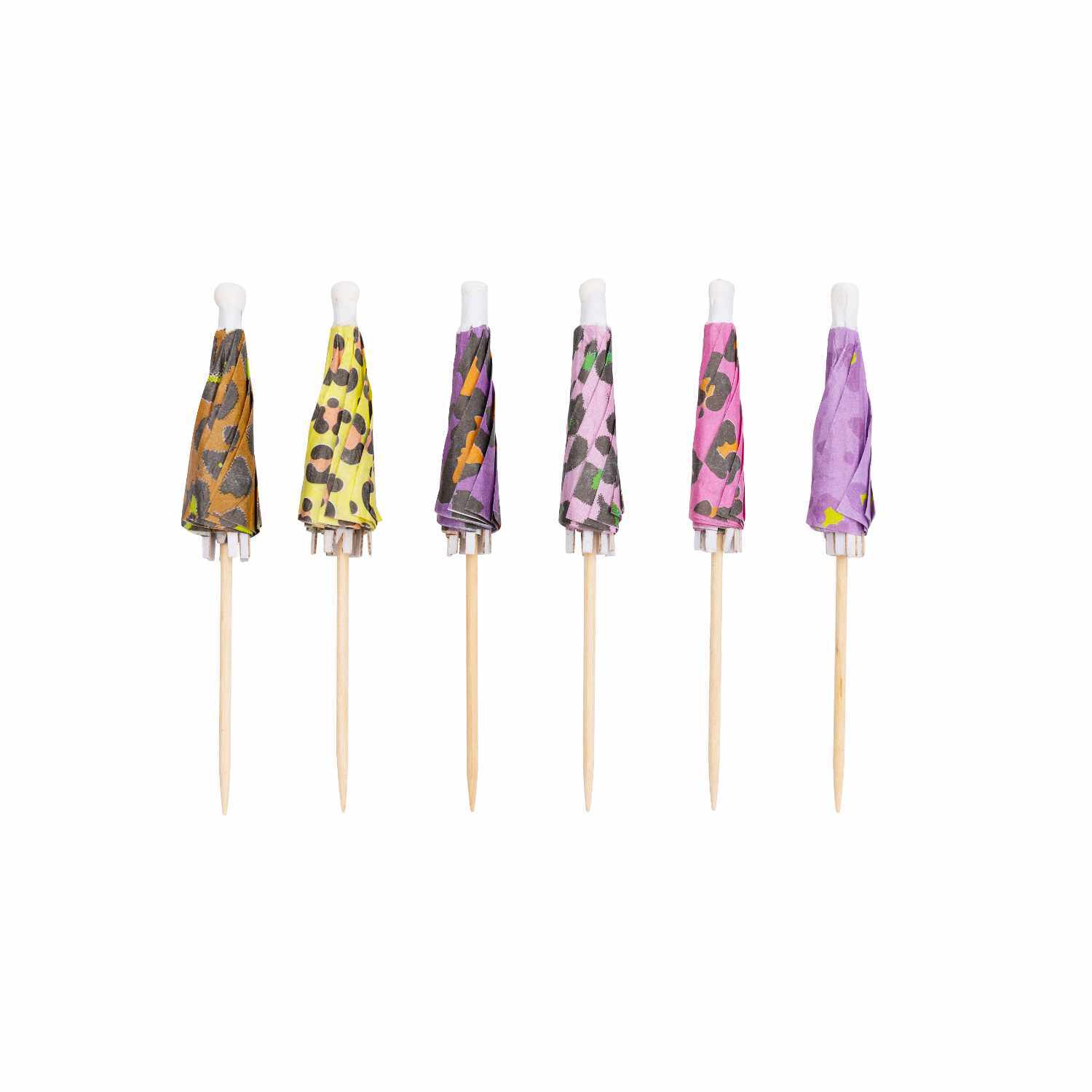 Picker Schirmchen Acid Leo 8,3cm 12 Stück von Rico Design: Bunte Cocktail-Schirmchen mit Leopardenmuster in verschiedenen Farben auf Holzstäbchen.