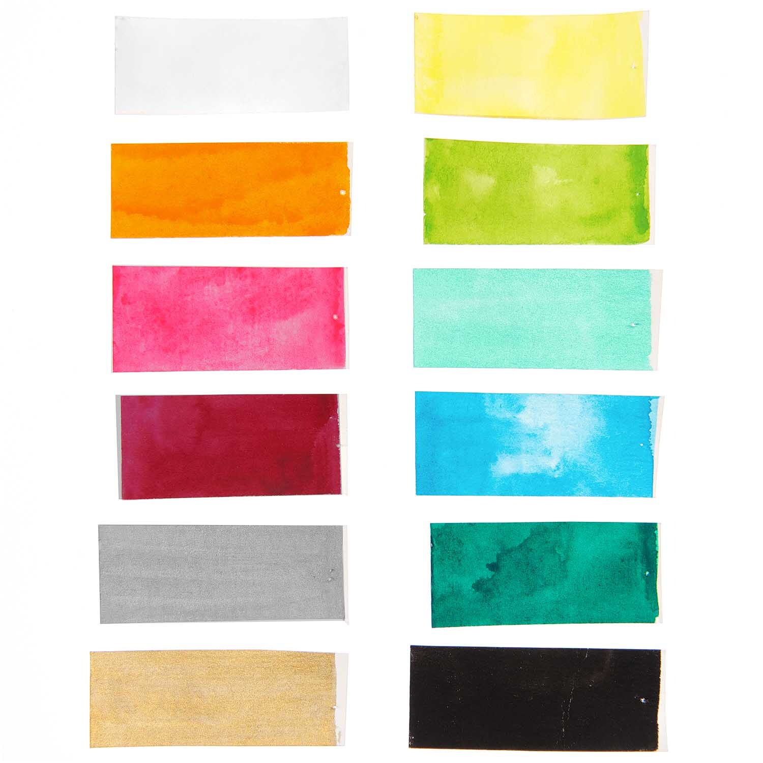ART Essential Aquarellfarben Rainbow Colours 12 Farben von Rico Design. Zwölf leuchtende Farbtöne in rechteckigen Proben.