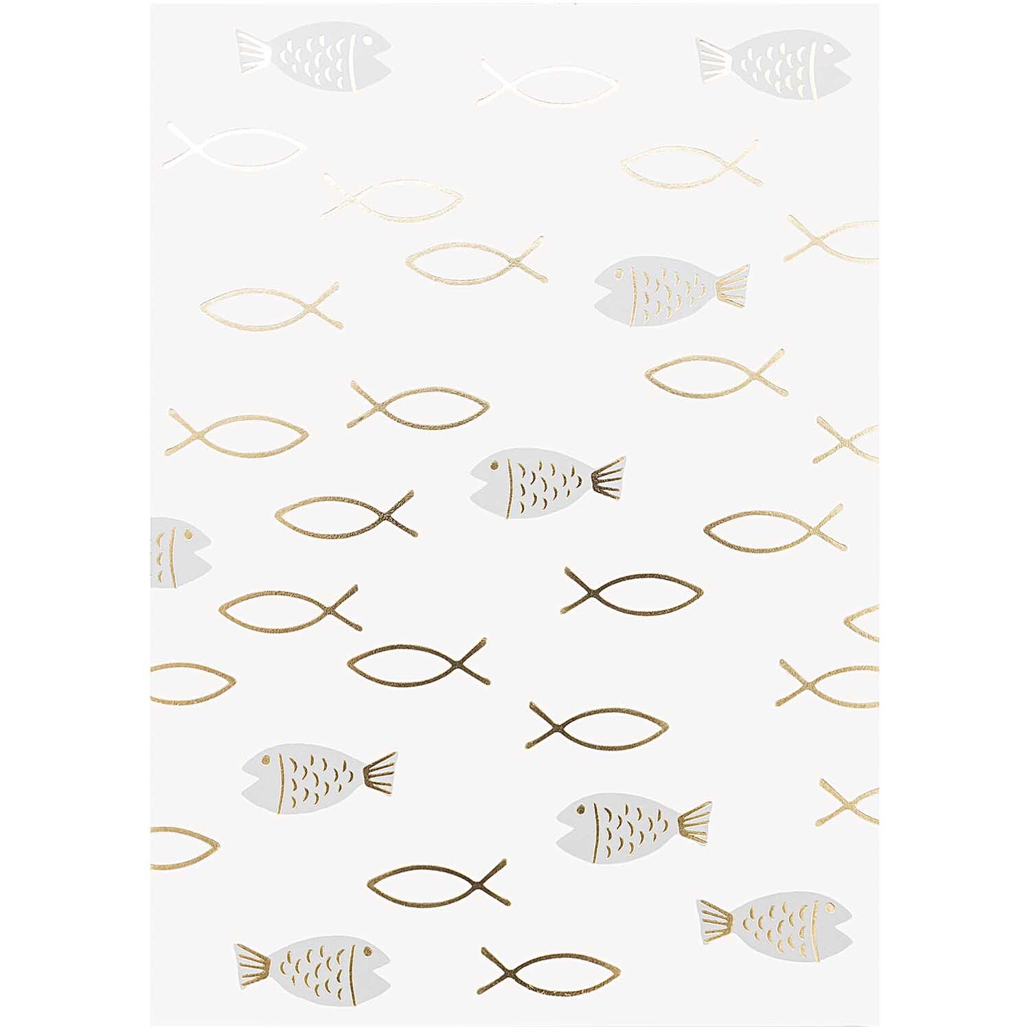 Paper Poetry Postkartenblock zeigt stilisierte Fische in Gold und Silber auf weißem Hintergrund. Ideal für Kommunion und Konfirmation. Marke: Rico Design.