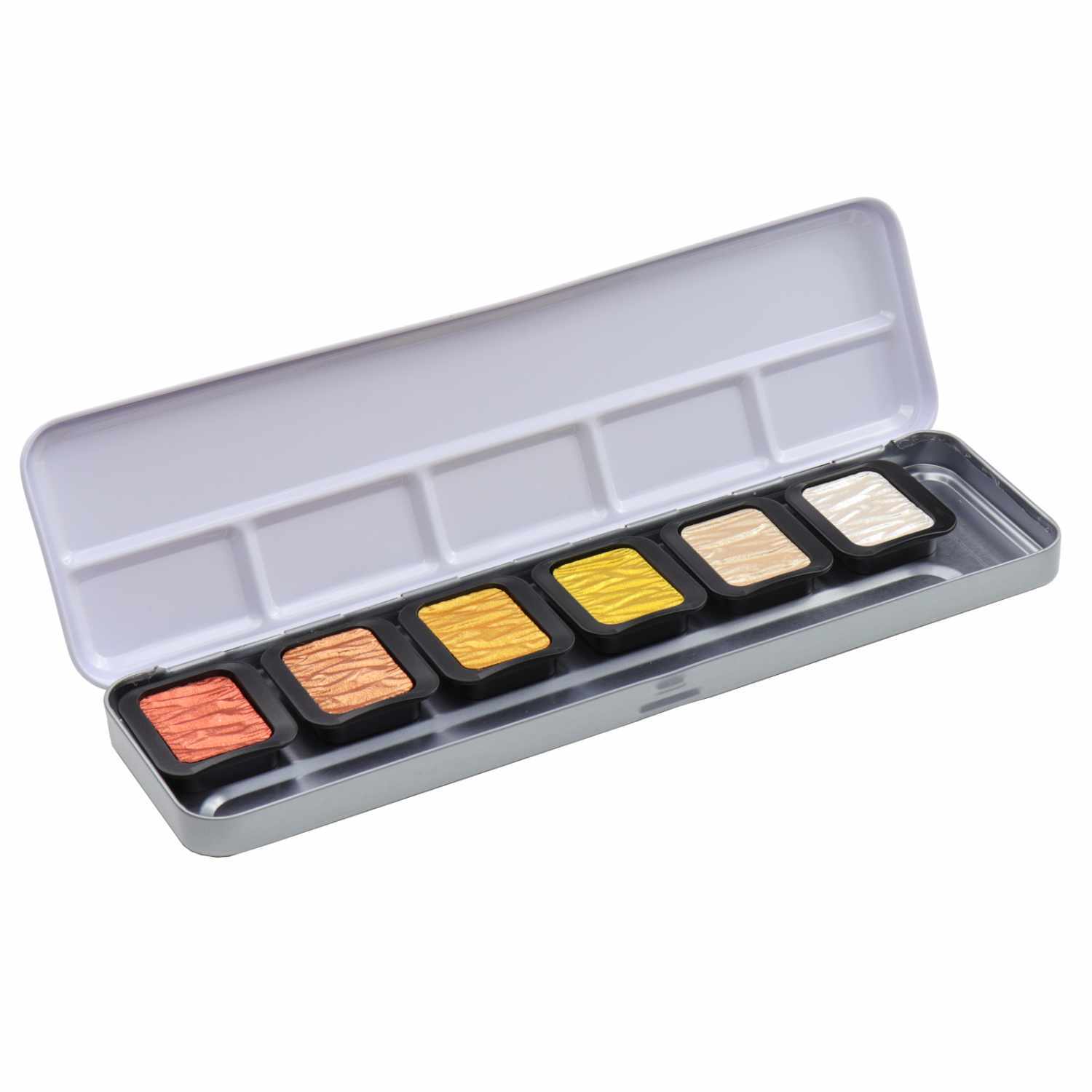 Perlglanzfarben Metals im Metallkasten mit sechs schimmernden Farben von FINETEC, ideal für kreative Projekte.