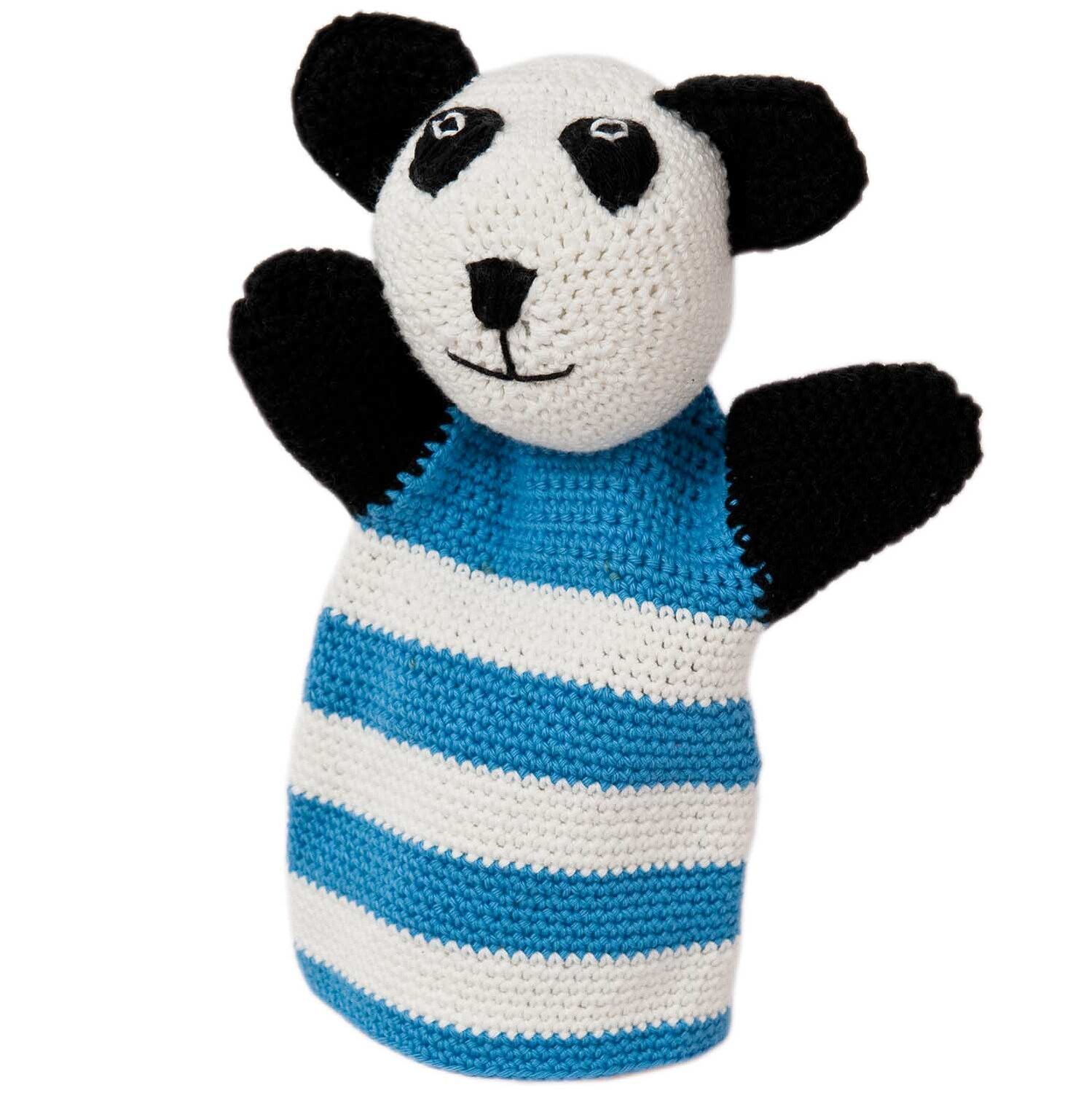 Rico Design Handpuppe Panda Paul: Häkelset mit niedlichem Panda-Motiv in Blau-Weiß, ideal für kreative Spielstunden.