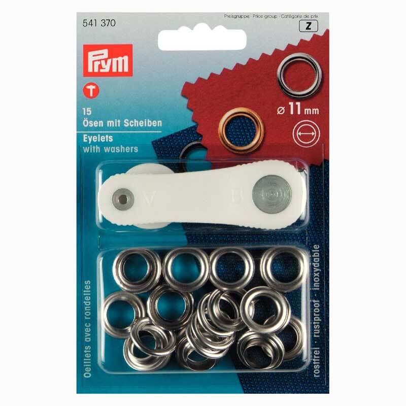 Ösen mit Scheiben silber 11mm 15 Stück von Prym, verpackt in einer Blisterverpackung mit sichtbaren silbernen Ösen und Scheiben.