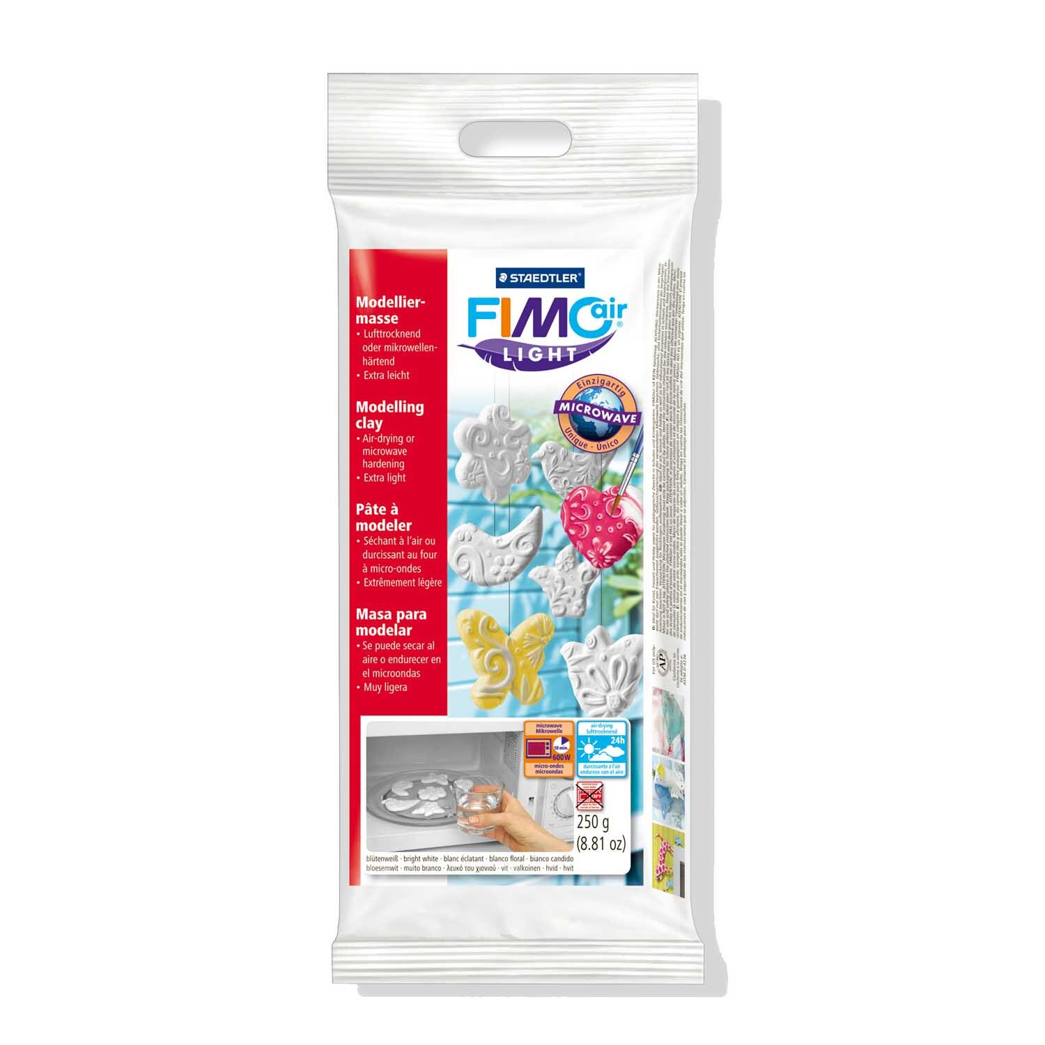 FIMO Air light Modelliermasse von Staedtler in weißer Verpackung mit kreativen Bastelideen.