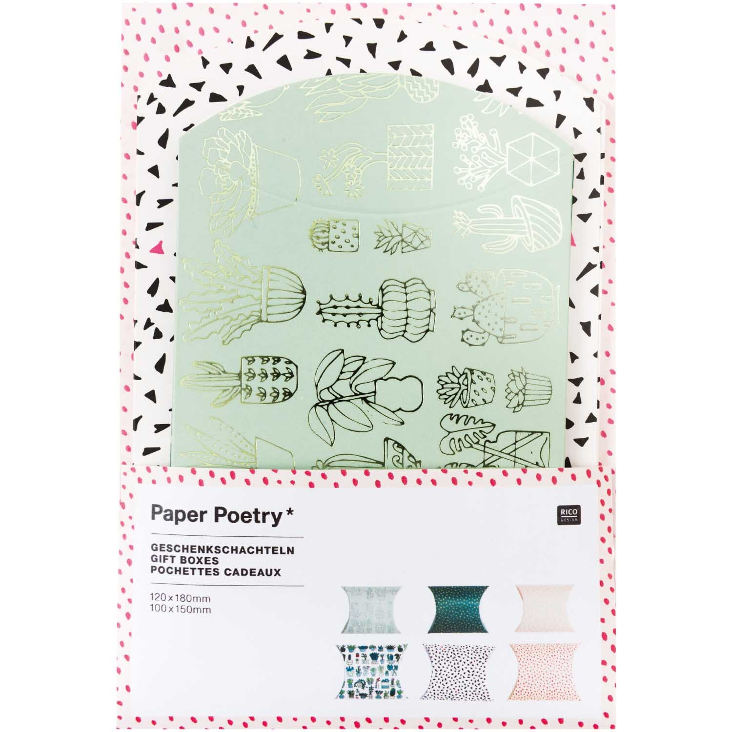 Paper Poetry Geschenkschachteln Hygge Plants, dekorative Boxen mit Pflanzenmotiven, ideal zum Verschenken, von Rico Design, in verschiedenen Farben.
