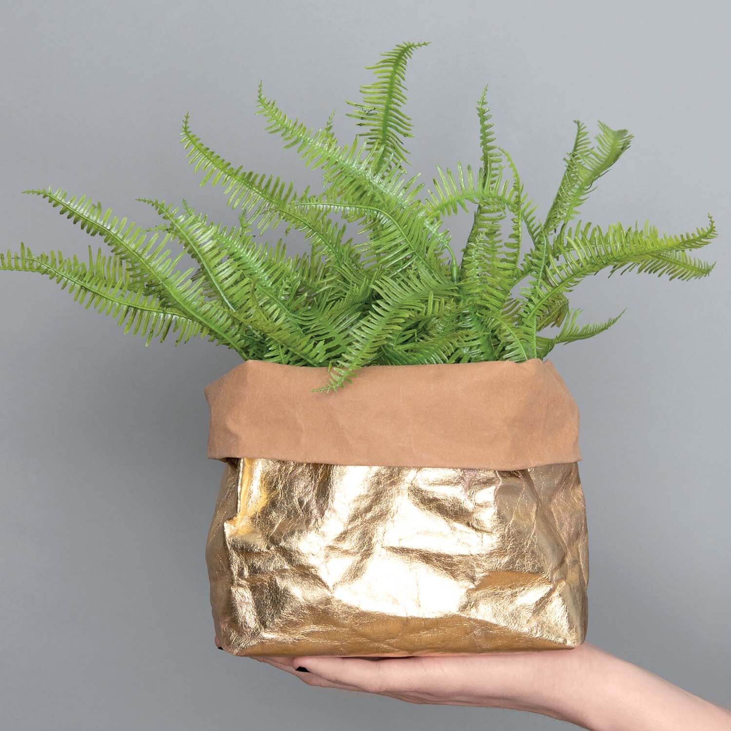 Nähanleitung Pflanzenübertöpfe aus Washable Paper: Ein goldener Übertopf mit grüner Pflanze auf grauem Hintergrund.