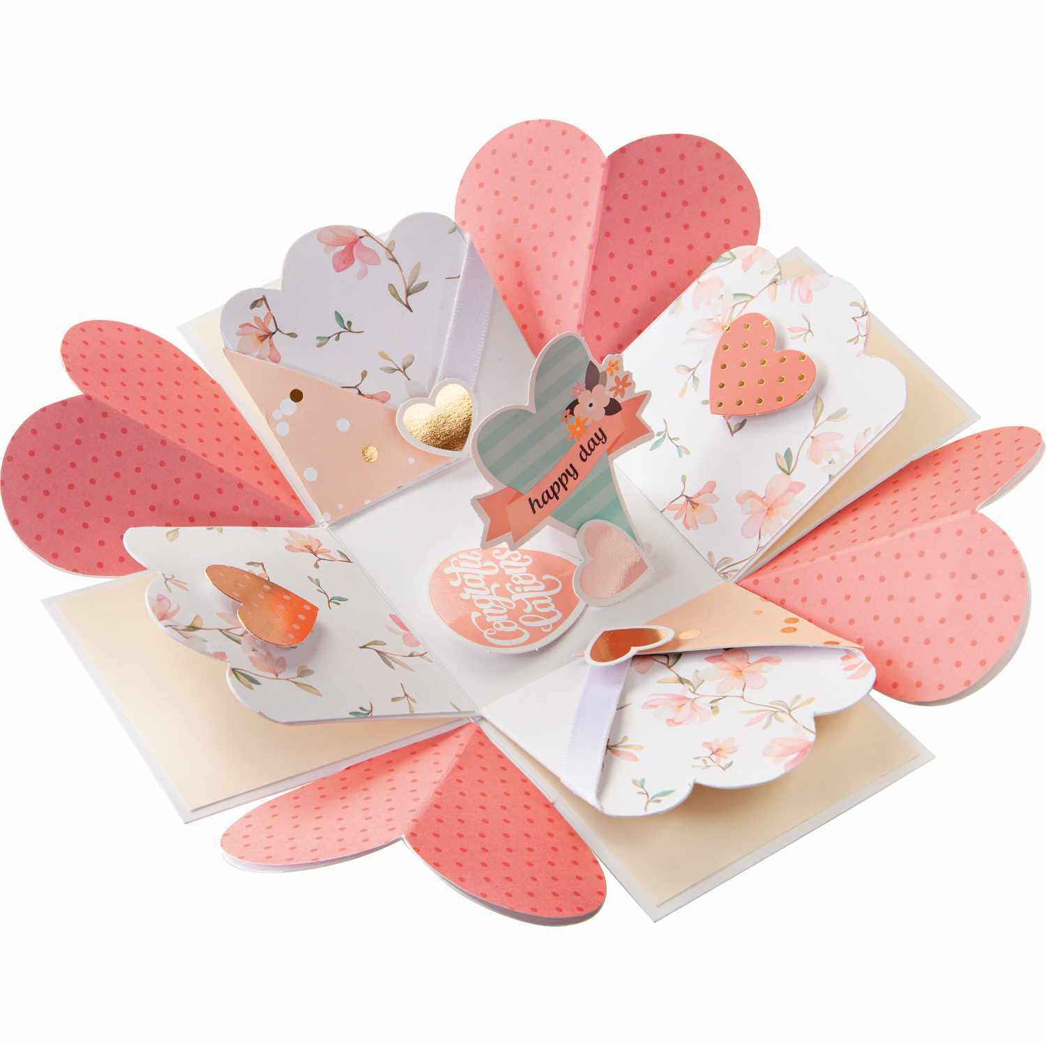 Explosionsbox Bastelset Romantik mit Herzmotiven und floralen Mustern in Rosa und Beige. Ideal für kreative Geschenke.