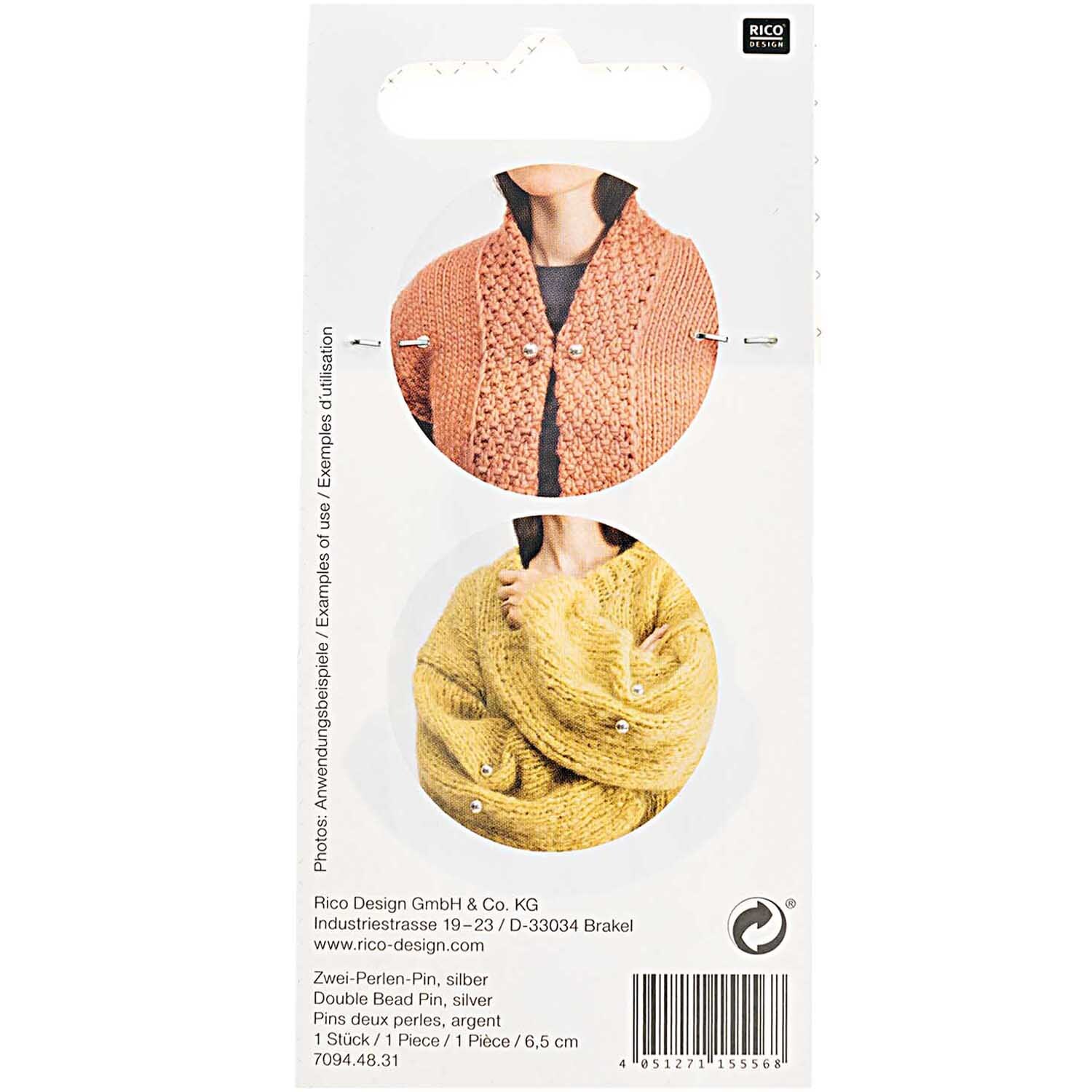 Zwei-Perlen-Pin 65mm 1 Stück von Rico Design in Silber, präsentiert auf einem Strickpullover.
