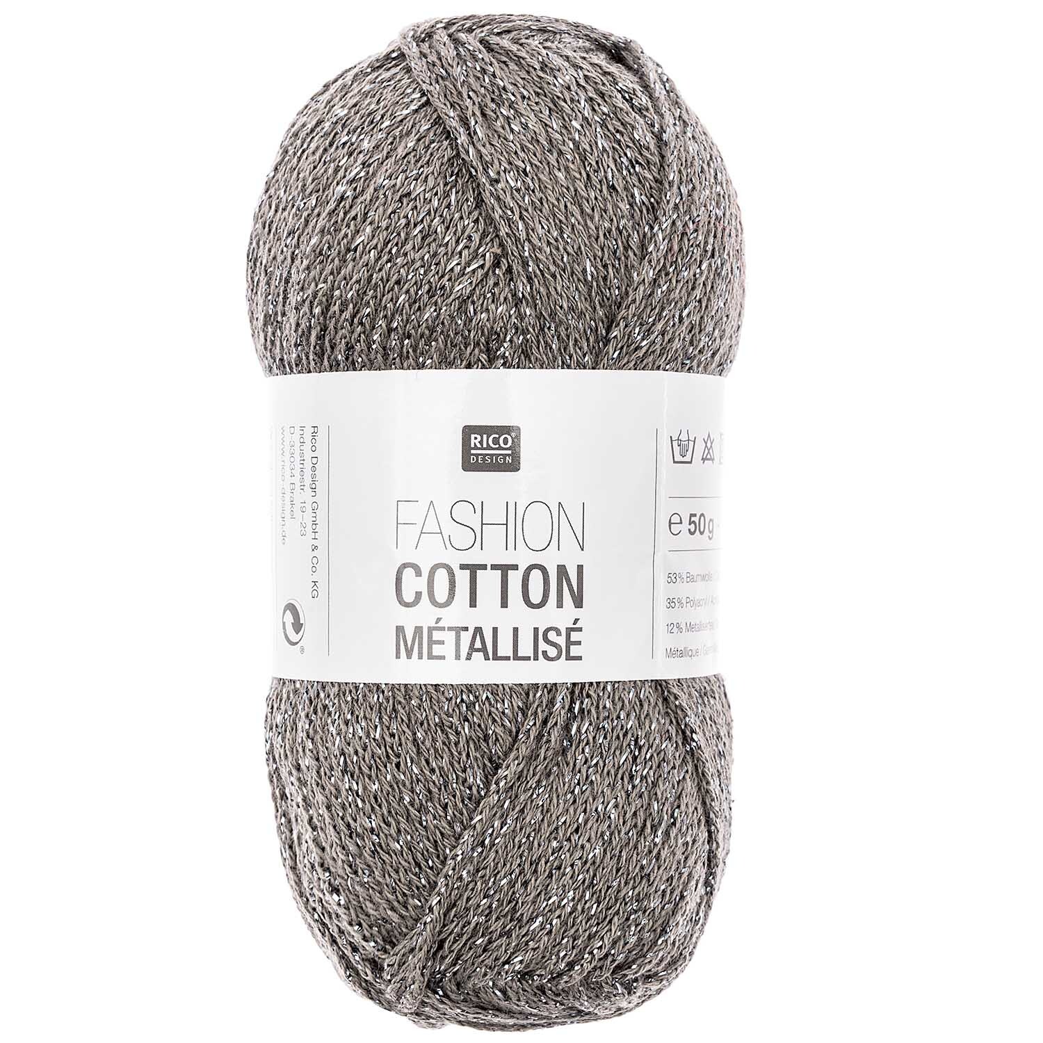 Fashion Cotton Métallisé dk: Ein stahlgraues Garnknäuel von Rico Design, 50g, 125m, ideal für Strickprojekte.