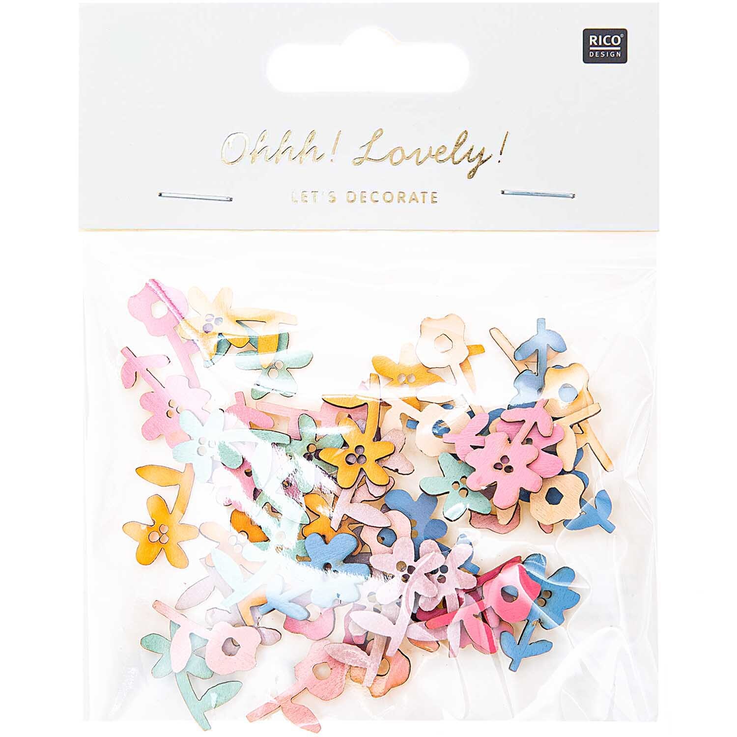 Holzstreu Blume 48 Stück: Bunte, dekorative Blumenstreu von Rico Design in einer transparenten Verpackung.