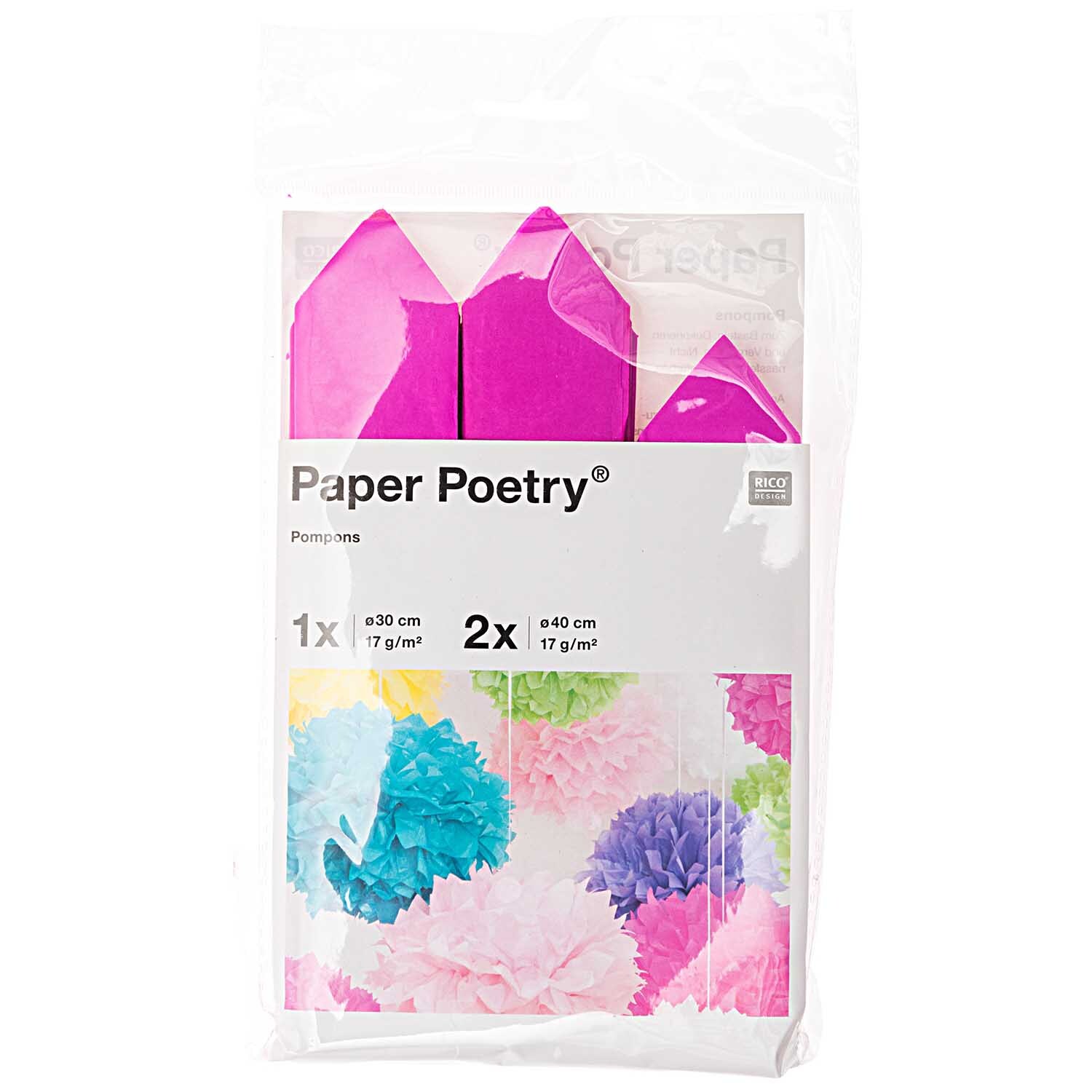 Seidenpapier Pompons 17g/m² 3 Stück von Rico Design in einer Verpackung mit bunten Pompons.