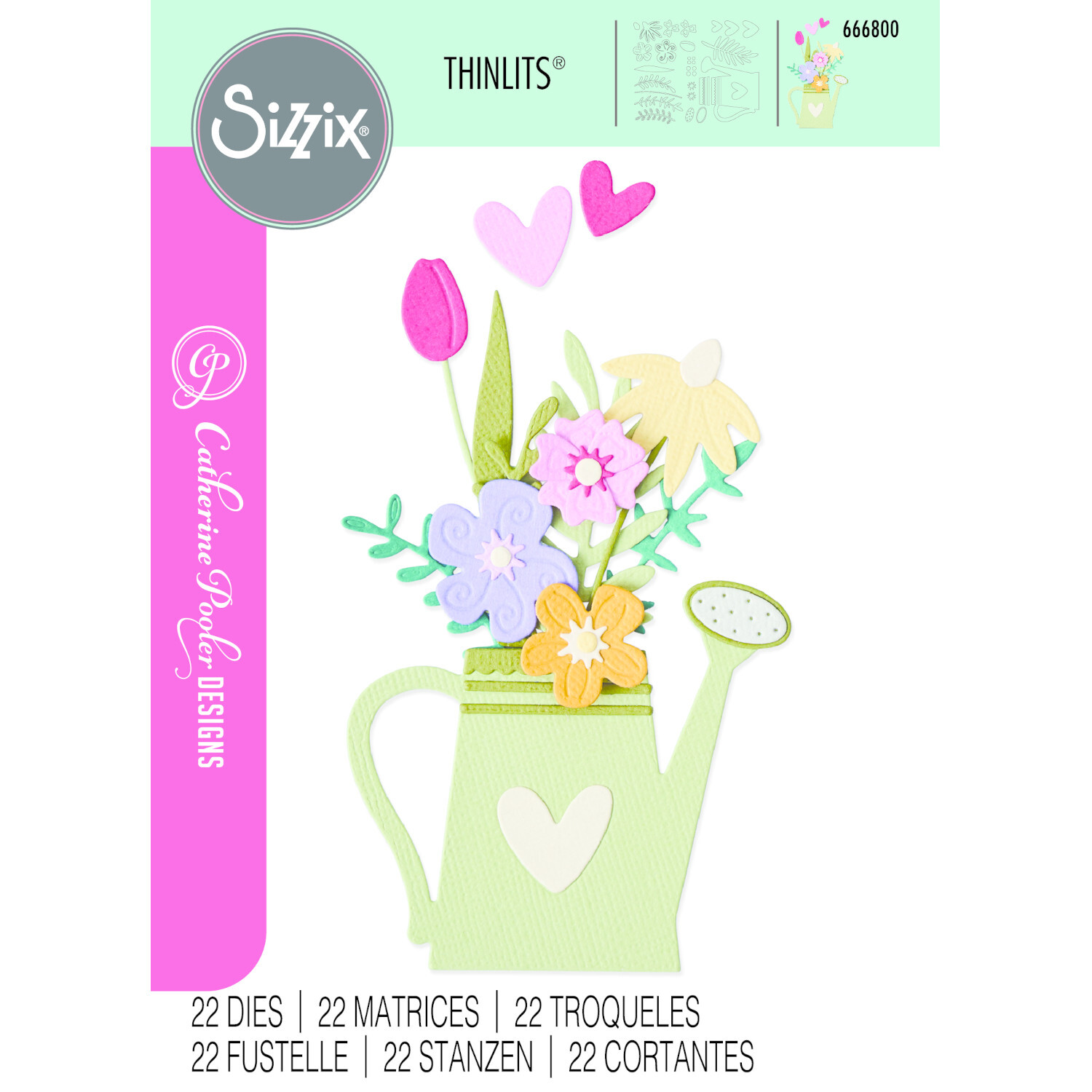 Thinlits Sprinkled with Love Set 22PK zeigt bunte Blumen in einer Gießkanne, ideal für kreative Bastelprojekte.