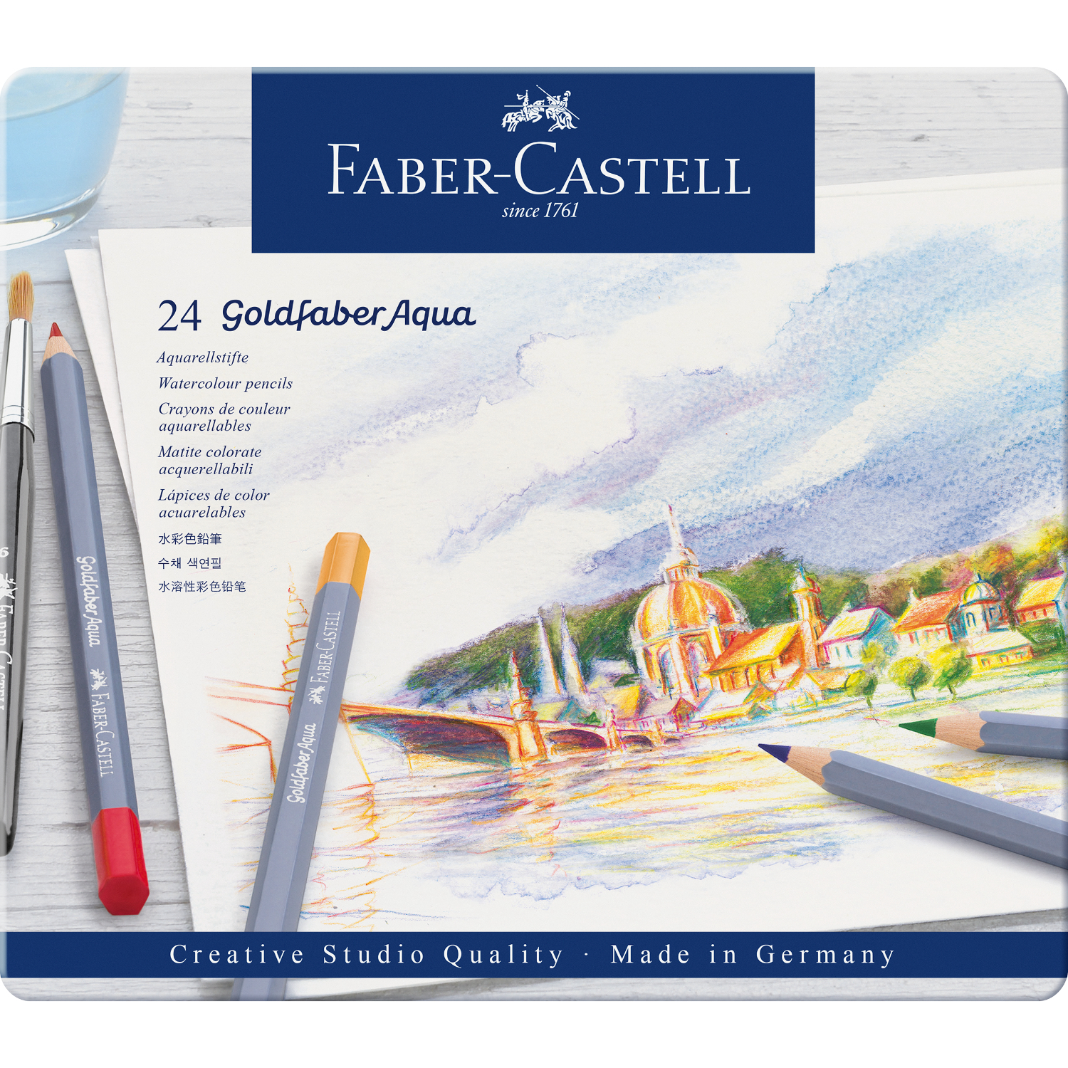 Goldfaber Aqua Aquarellstifte im Metalletui, 24-teilig, mit Landschaftszeichnung und Faber Castell Logo.