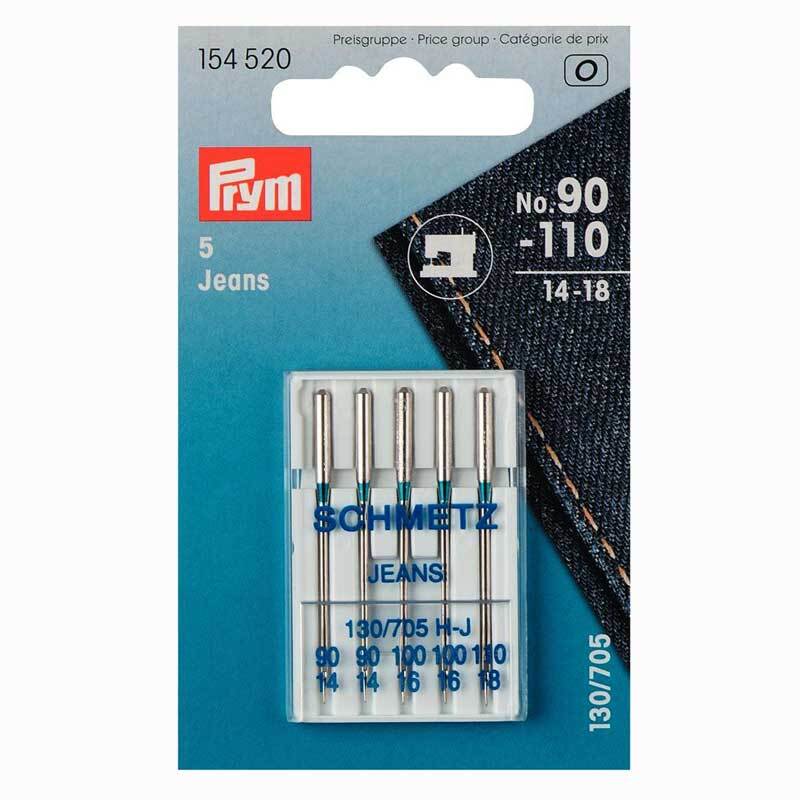 Nähmaschinennadeln 130/705 Jeans Nr.90-110, 5 Stück von Prym, in silberner Verpackung mit Jeansmotiv.
