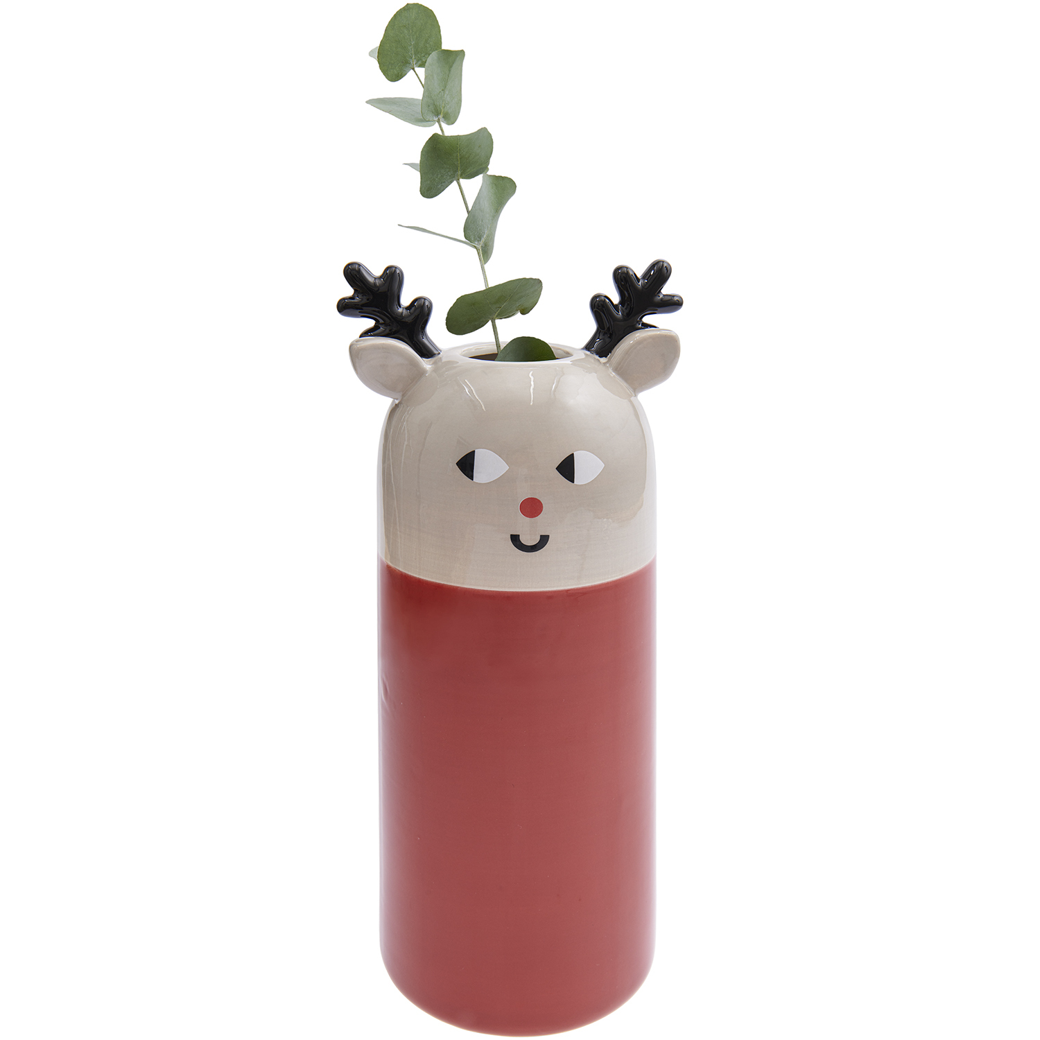 Keramik Vase Rentier rot 29cm von Rico Design: Rote Vase mit Rentiergesicht und Geweih, dekoriert mit Eukalyptuszweig.
