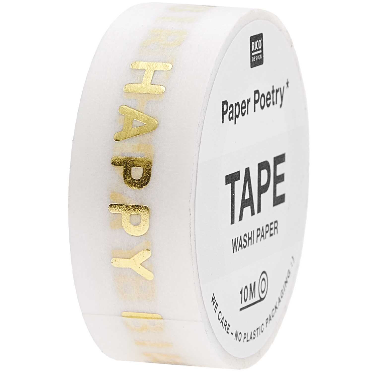 Paper Poetry Tape Happy Birthday 15mm 10m: Weißes Washi-Tape mit goldener Schrift "Happy", ideal für kreative Dekorationen. Marke: Rico Design.