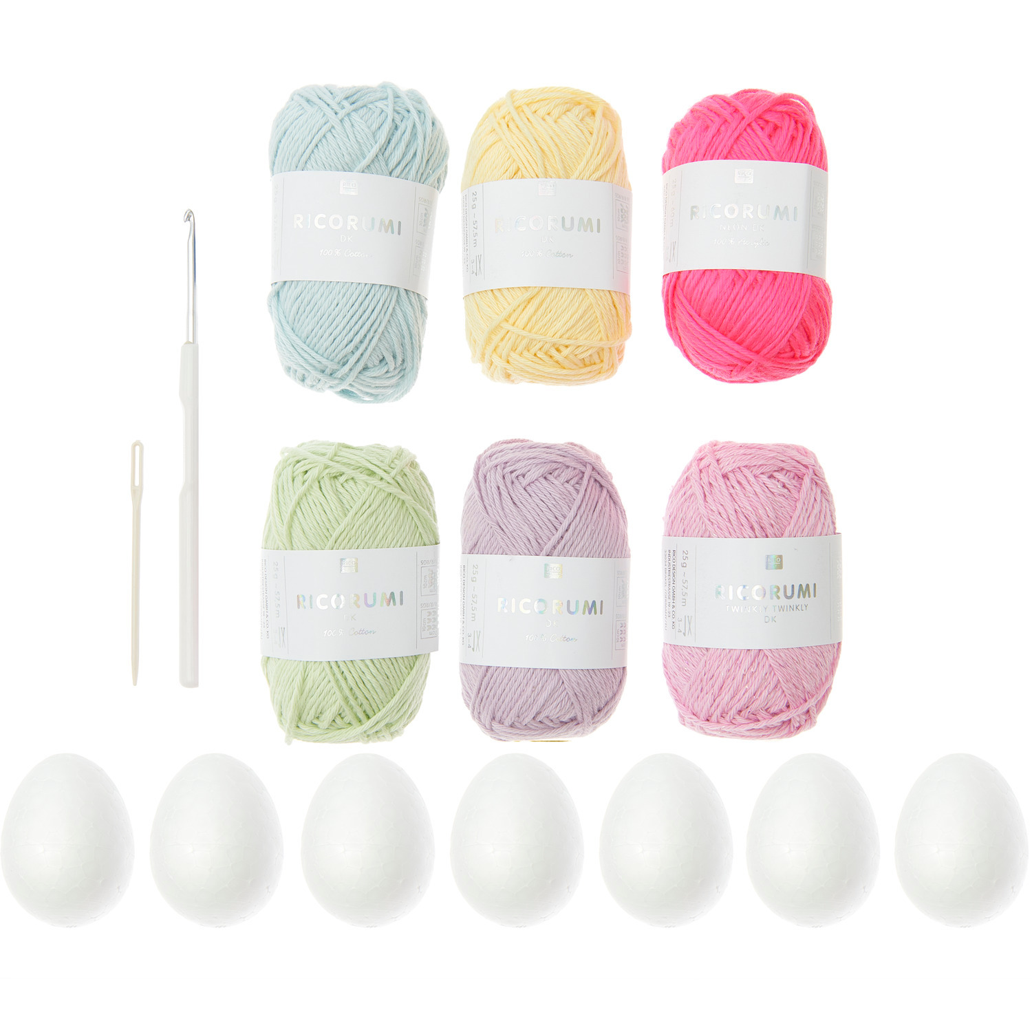 Häkelset Ricorumi Ostereier pastell: 15-teiliges Set mit bunten Garnen und Zubehör von Rico Design.
