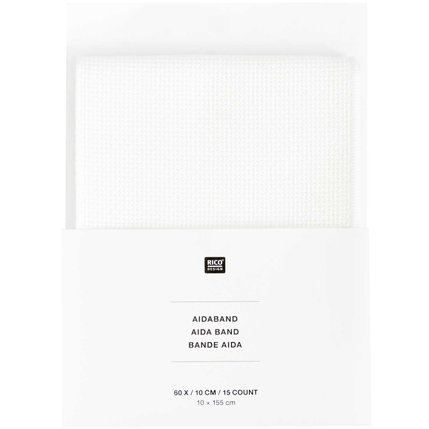 Aidaband weiß 6 Stiche/cm 10x155cm von Rico Design, präsentiert auf weißem Hintergrund in Verpackung. Ideal für Stickprojekte.