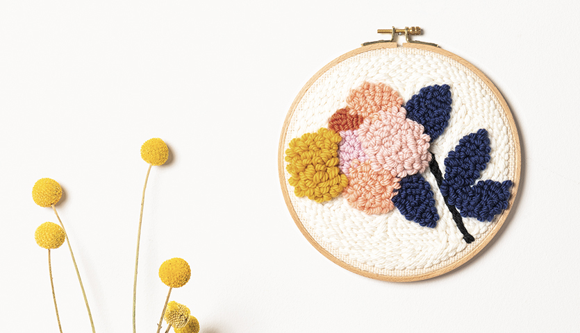 Punch Needle Anleitung Florale Punch Needle Deko mit bunten Blumen auf weißem Hintergrund.