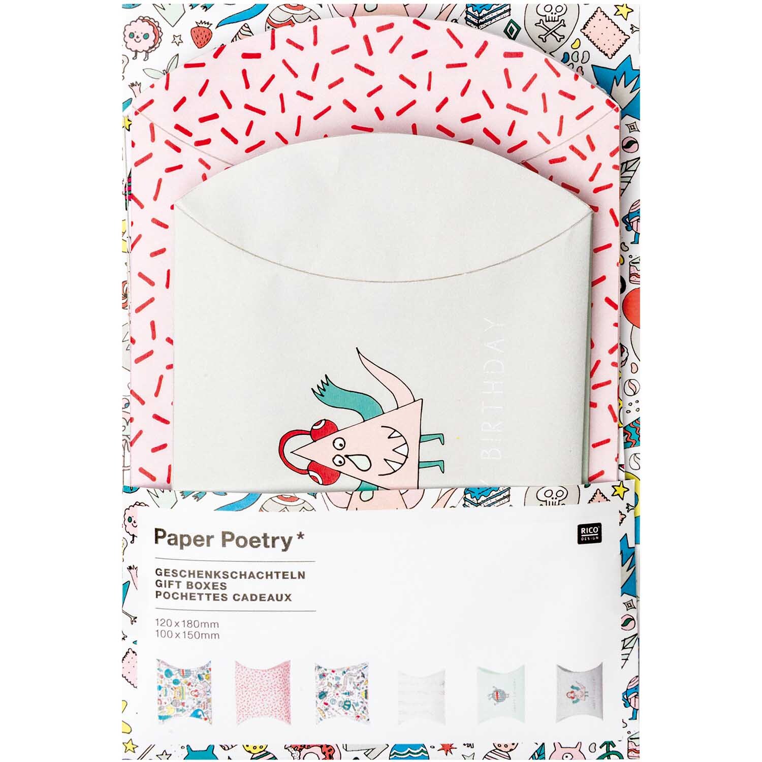 Paper Poetry Geschenkschachteln Monster Party, 6 Stück von Rico Design, mit bunten, verspielten Mustern und Monster-Designs auf der Verpackung.