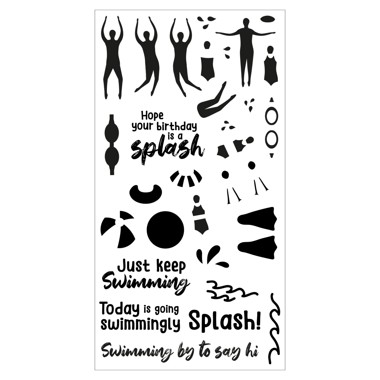 Clear Stamps Set Synchronized Swimmer von Sizzix zeigt Schwimmer-Silhouetten und Sprüche. Perfekt für kreative Grußkarten und Bastelprojekte.