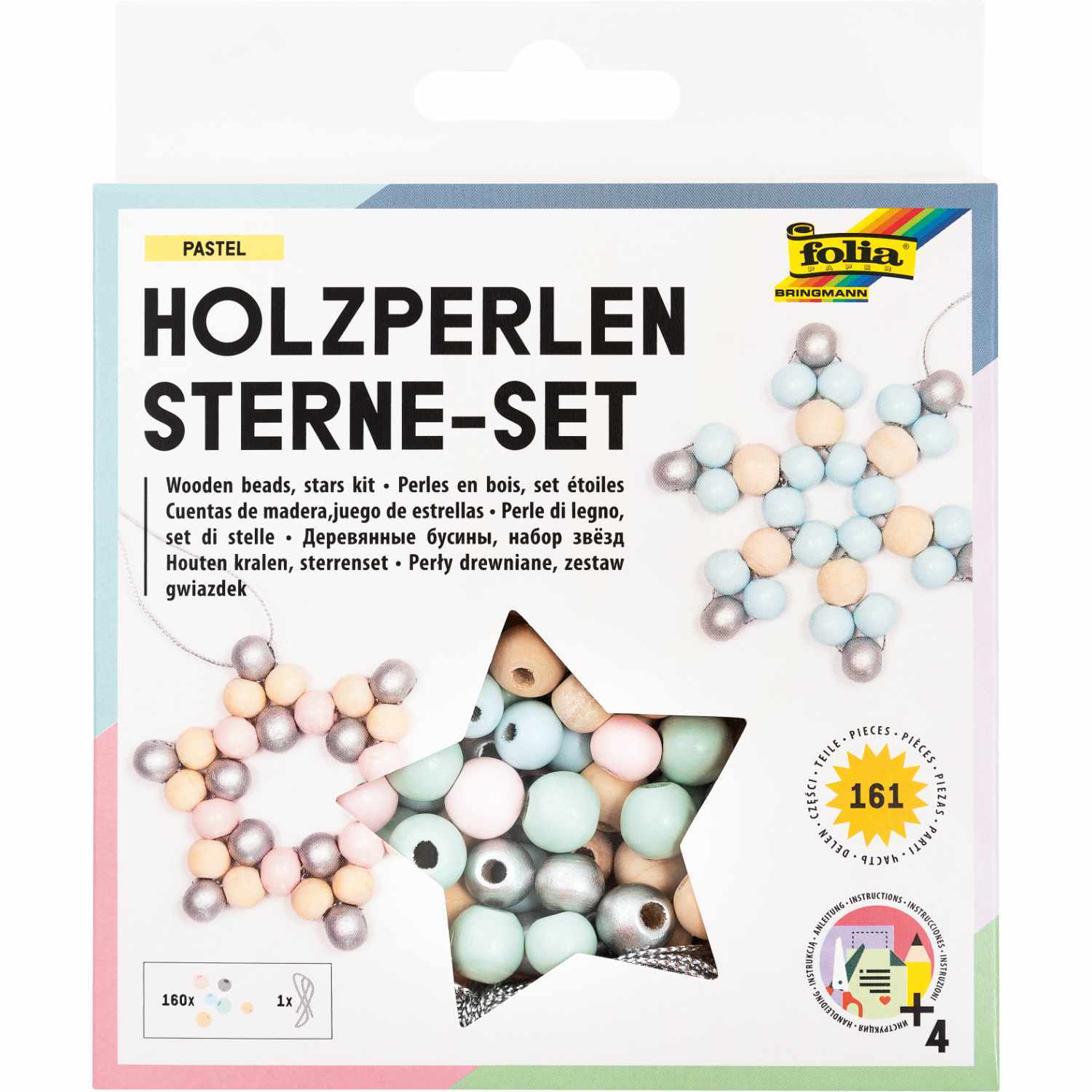 Holzperlen Stern-Set pastel von folia, 161-teilig, zeigt bunte Perlen in Sternform auf der Verpackung.