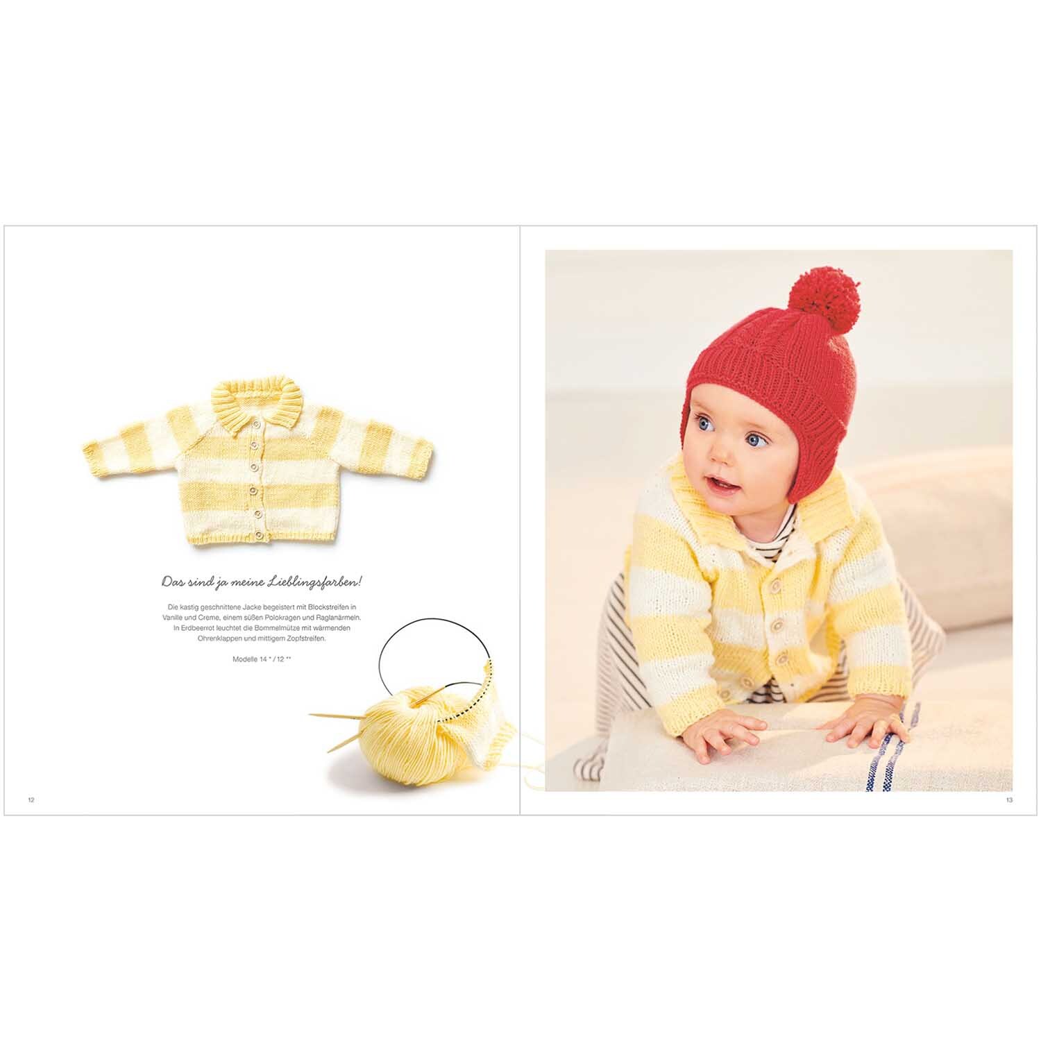 Rico Baby Heft Nr.34 zeigt ein Baby in gelb-weiß gestreifter Strickjacke und roter Mütze.