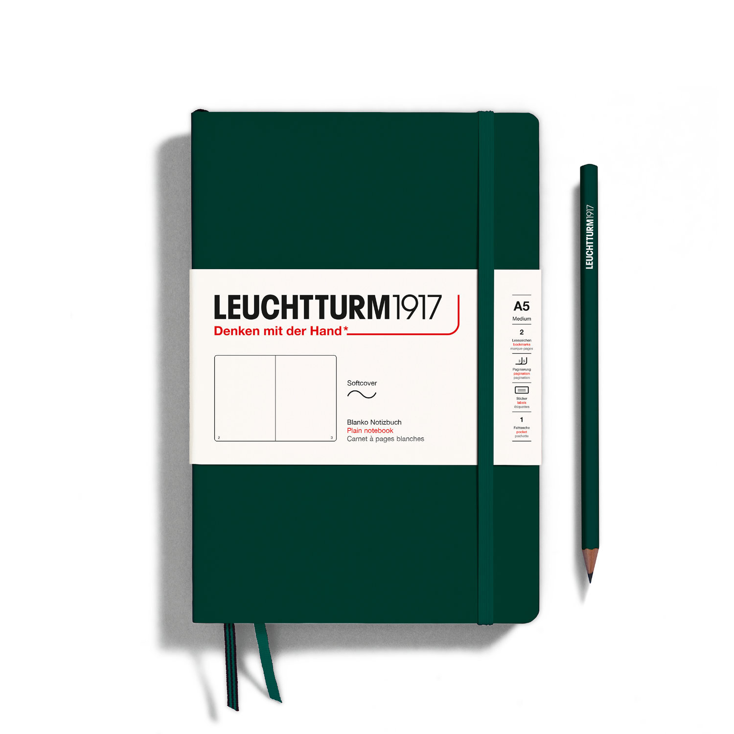 Notizbuch Medium blanko Softcover A5 in Forest Green mit elastischem Verschlussband und Stiftschlaufe. Ideal für Notizen und Skizzen.