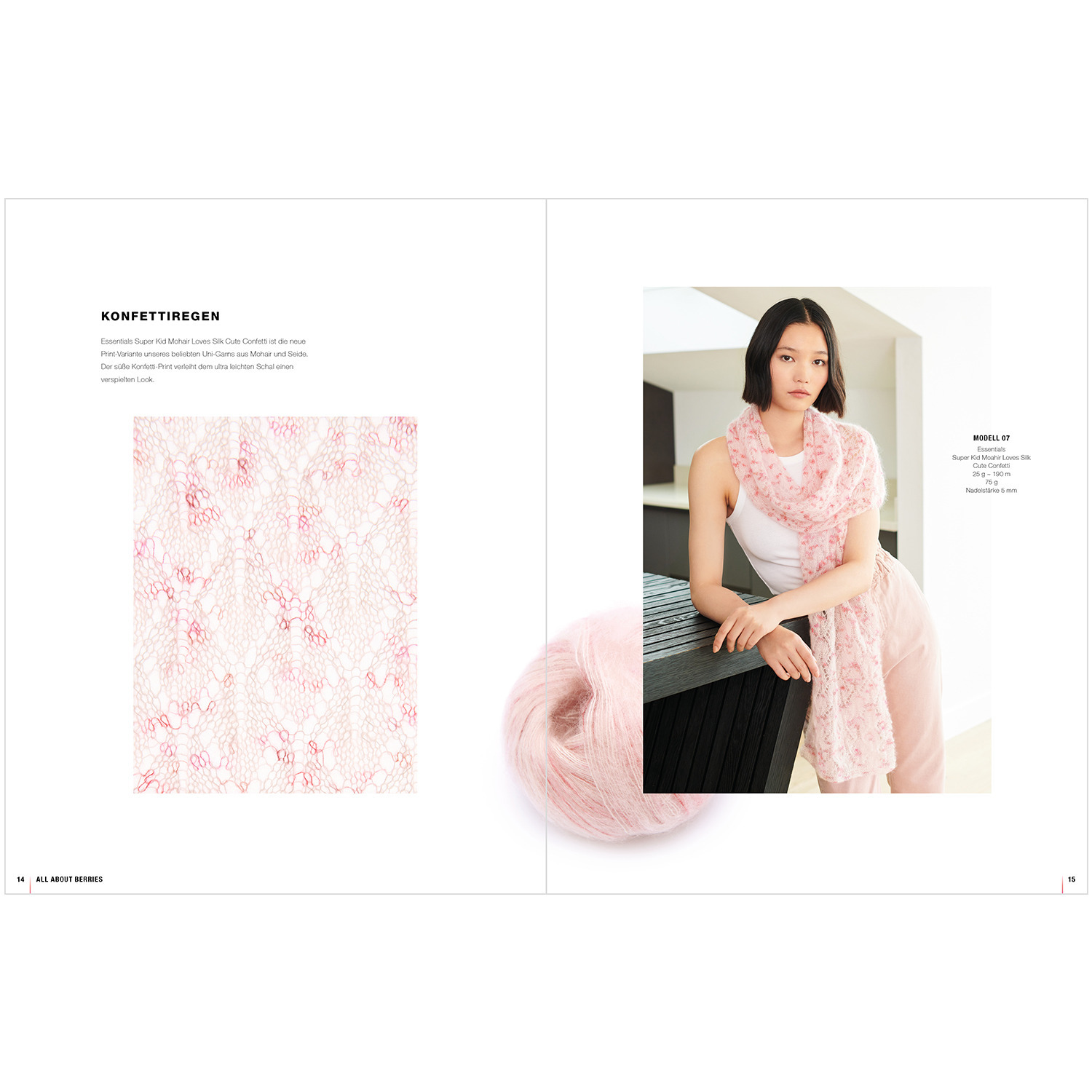 Lovewool Nr.18 Handstrickmagazin Frühjahr-Sommer zeigt ein Modell in rosa Schal von Rico Design.
