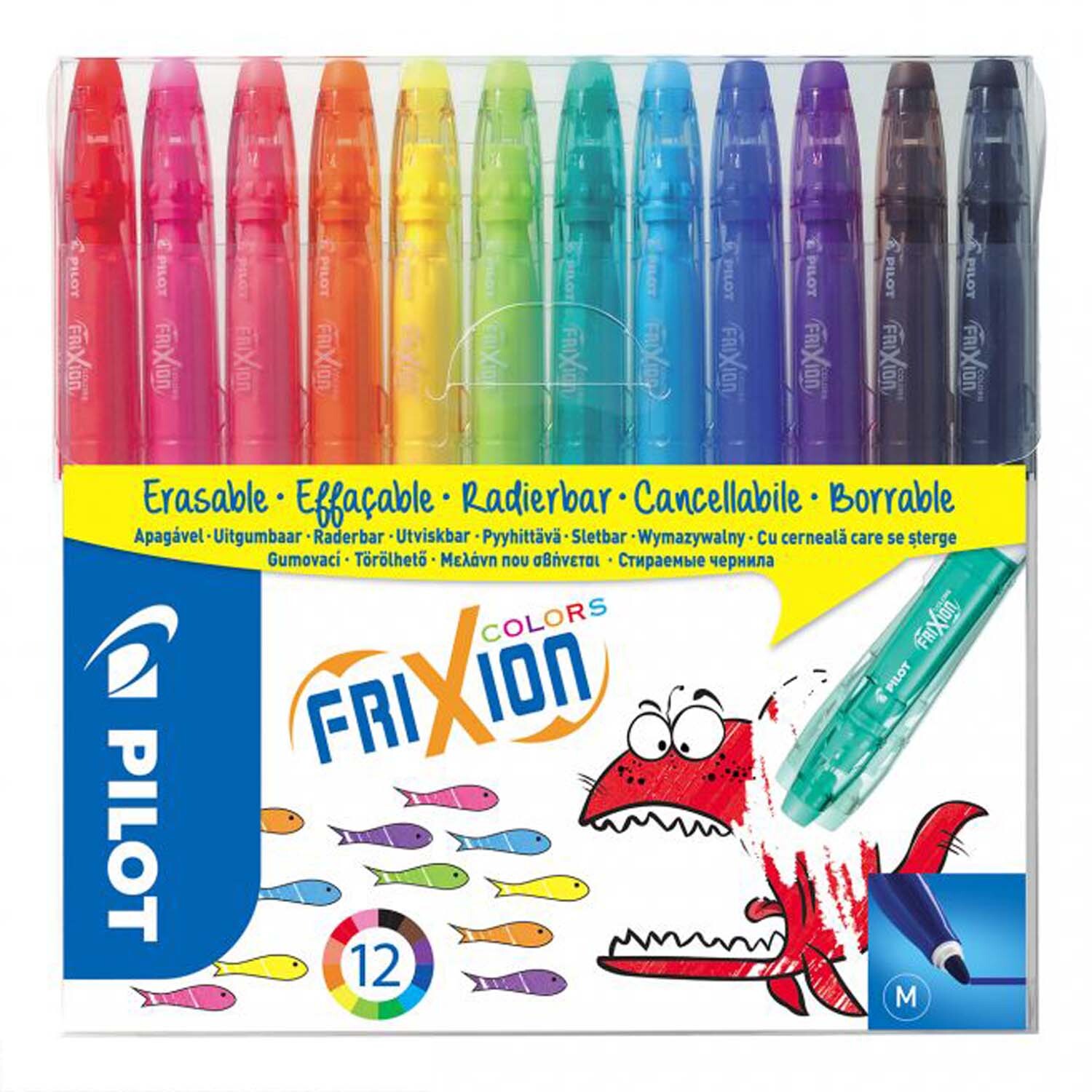 Frixion Color Filzstifte in 12 leuchtenden Farben von PILOT, ideal zum Radieren und Zeichnen.