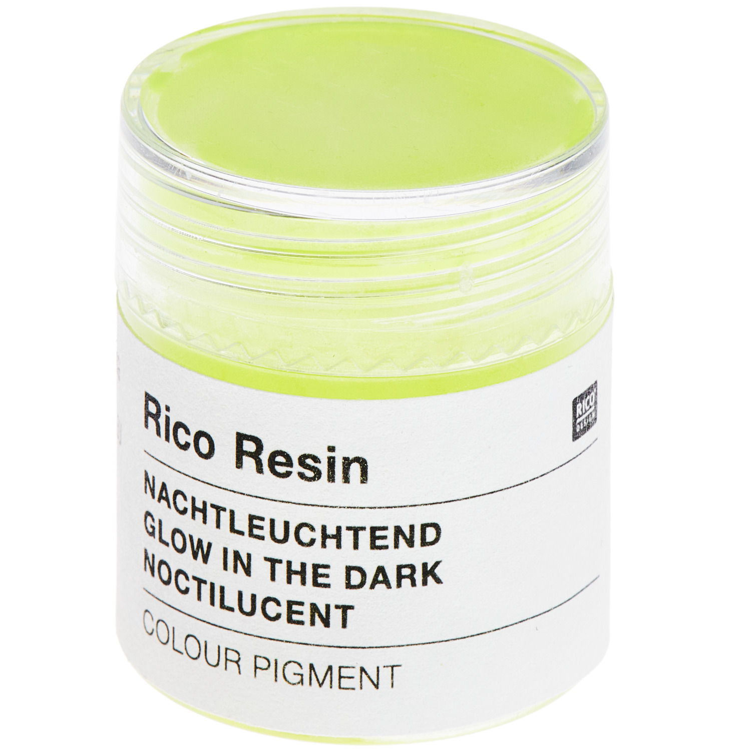 Farbpigmente für Resin Neon nachtleuchtend in einem 5ml Behälter von Rico Design, leuchtend gelb.
