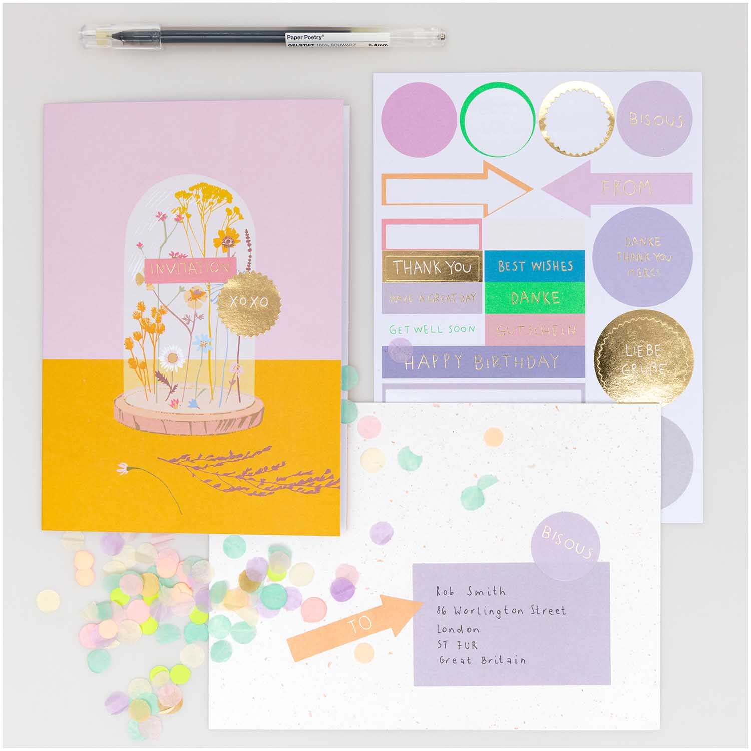 Paper Poetry Grußkartenset Blumenglocke mit pastellfarbenen Karten, Aufklebern und Konfetti. Ideal für kreative Grüße und Dekorationen.