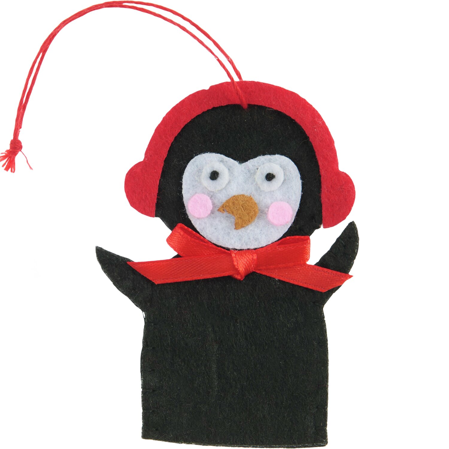 Aufhänger Filz-Pinguin flach Schwarz mit rotem Band und Mütze, 7,3x5,3x0,4cm, von Rico Design.