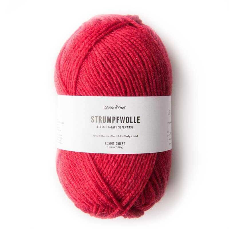 Strumpfwolle Classic 6fädig in leuchtendem Rot, 50g Knäuel von Wolle Rödel, ideal für Strickprojekte.