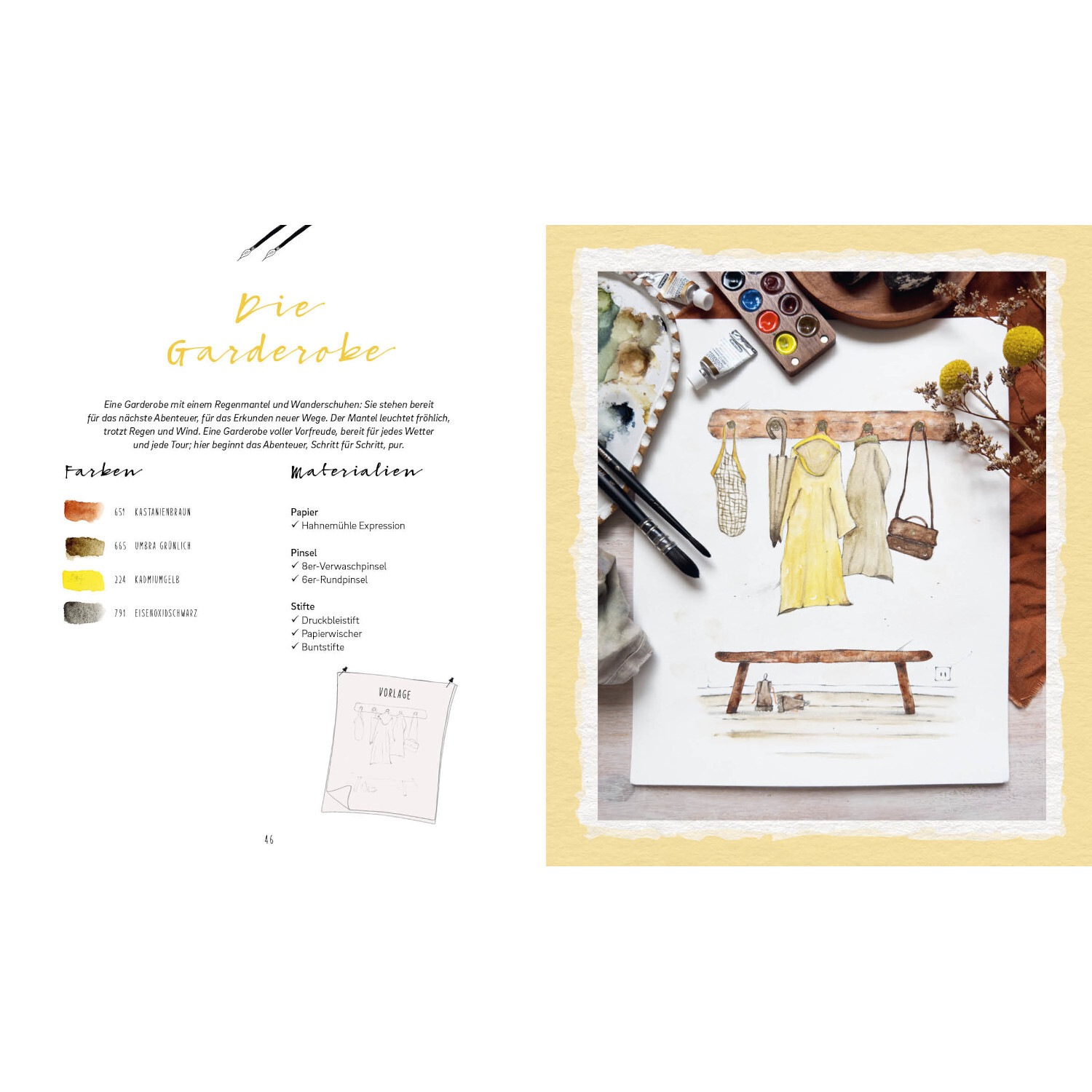 Welcome Home - Watercolor: Illustration einer Garderobe mit gelbem Kleid, Blumen und Malutensilien.
