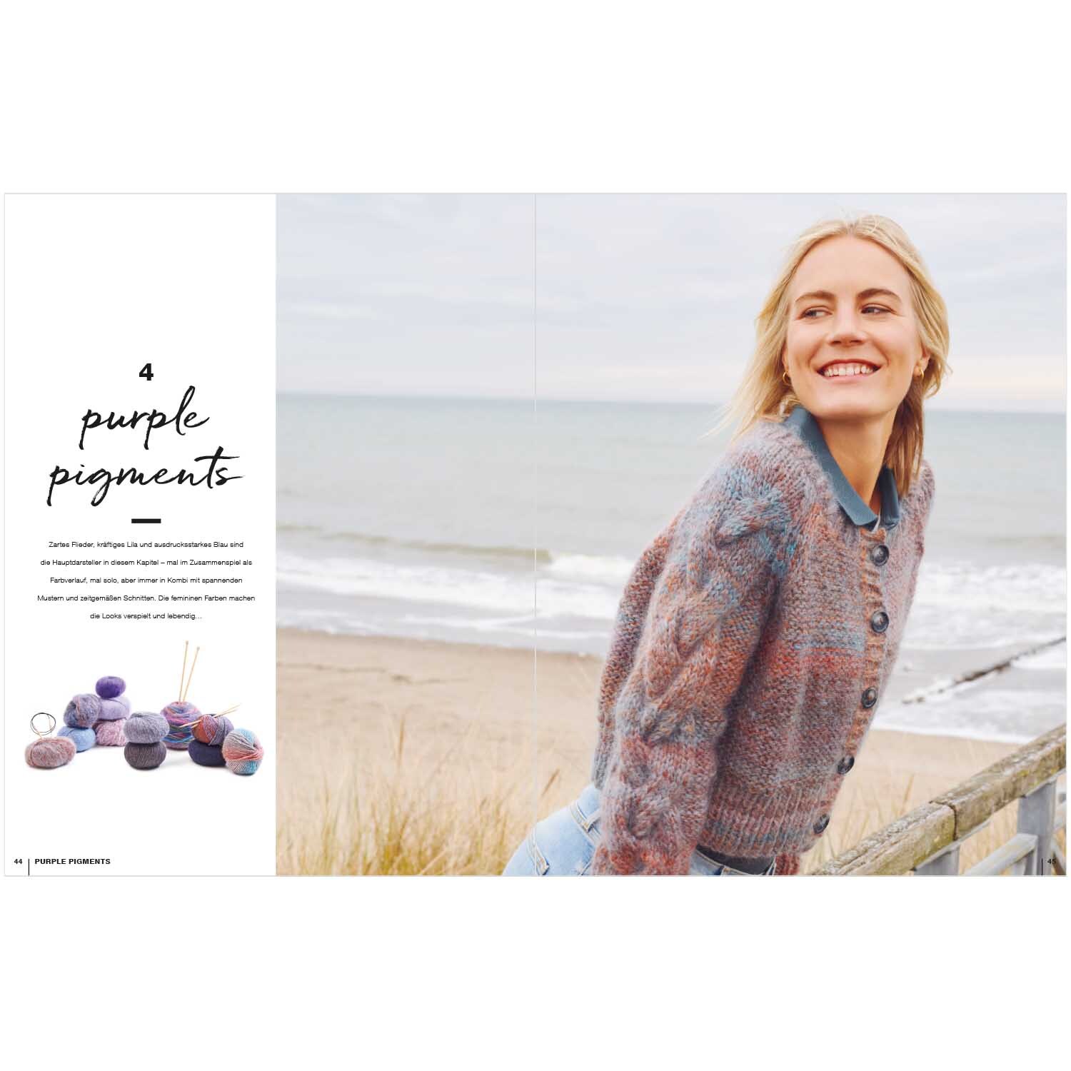 Lovewool Nr.13 Handstrickmagazin zeigt eine Frau am Strand in einem gestrickten Pullover. Links sind lila Wollknäuel abgebildet.