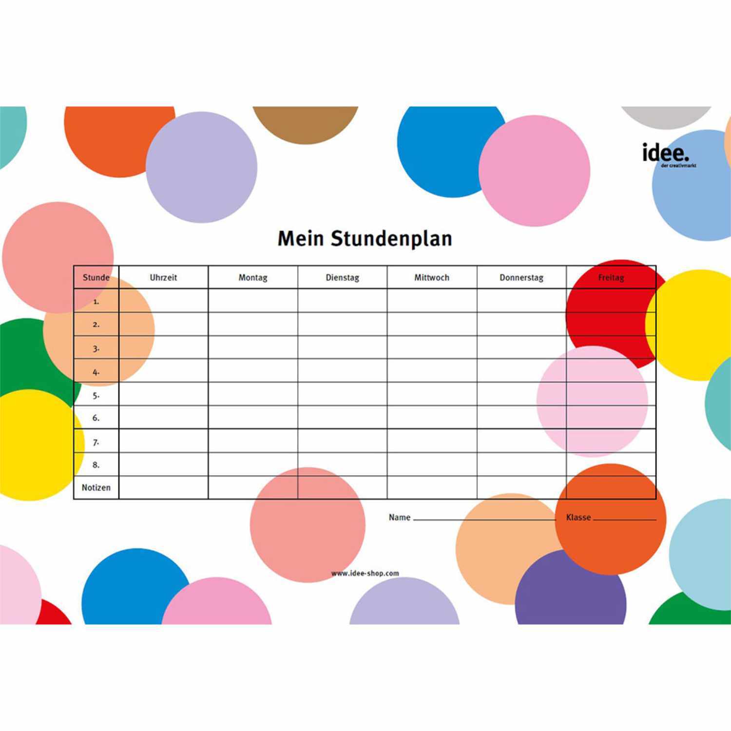 Idee. Stundenplan zum Downloaden: Bunter Stundenplan mit Kreisen in verschiedenen Farben, ideal für die Organisation der Woche.