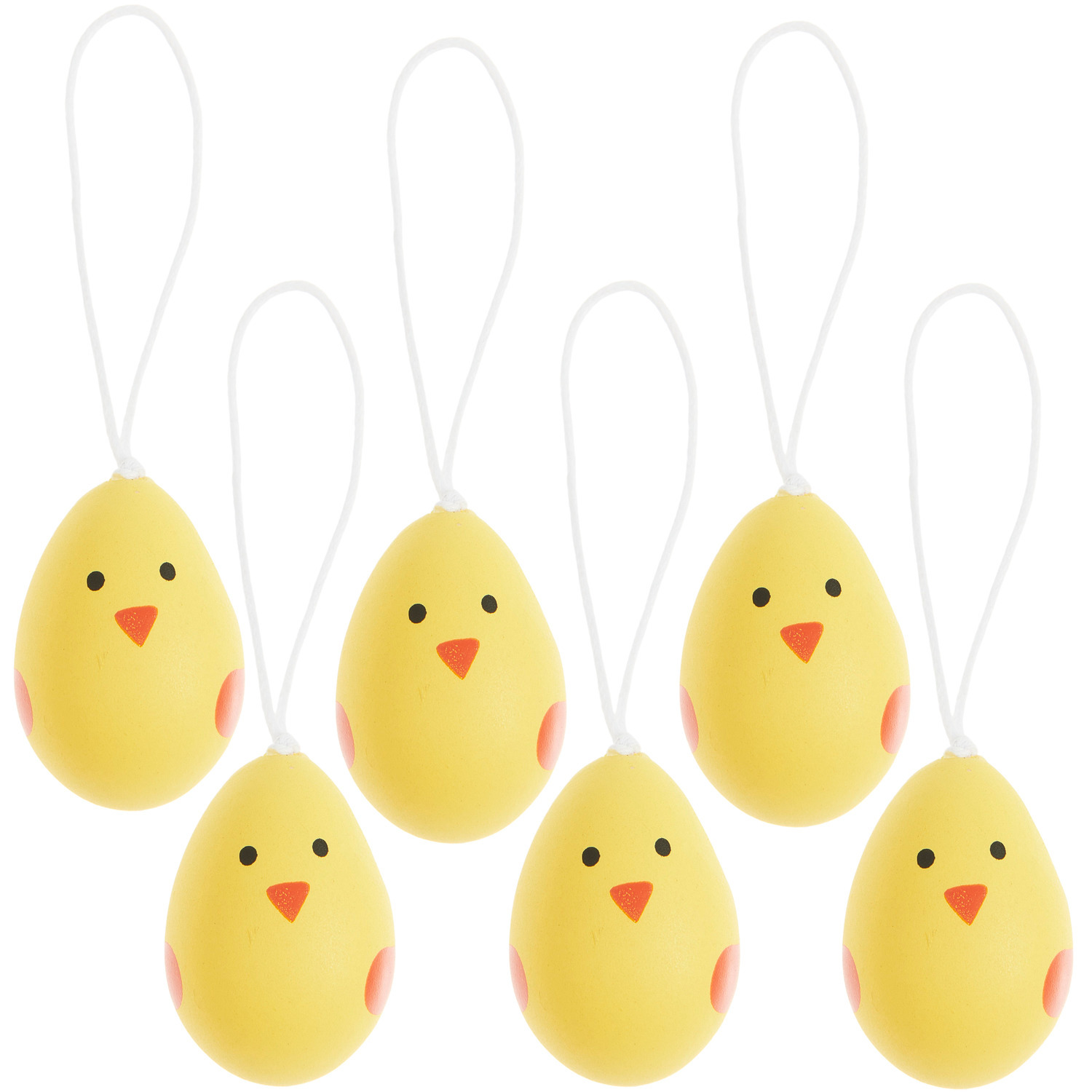 Aufhänger Ei Küken gelb 4x2,5cm: Sechs gelbe Küken-Eier mit Gesicht und Aufhängern, ideal für Osterdekoration.
