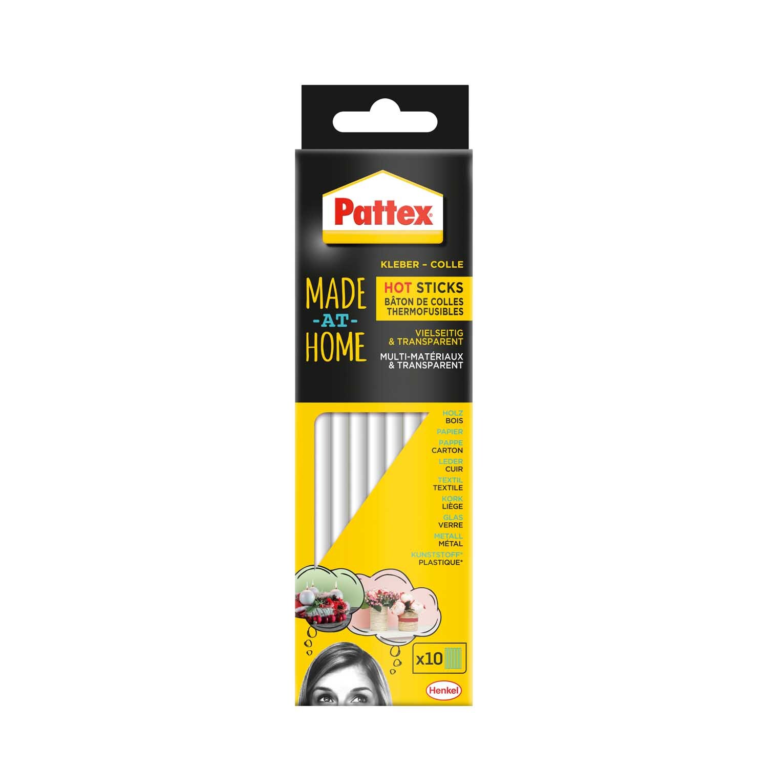 Heißklebesticks 11mm 10 Stück von Pattex in einer gelben Verpackung, ideal für Heimwerkerprojekte.