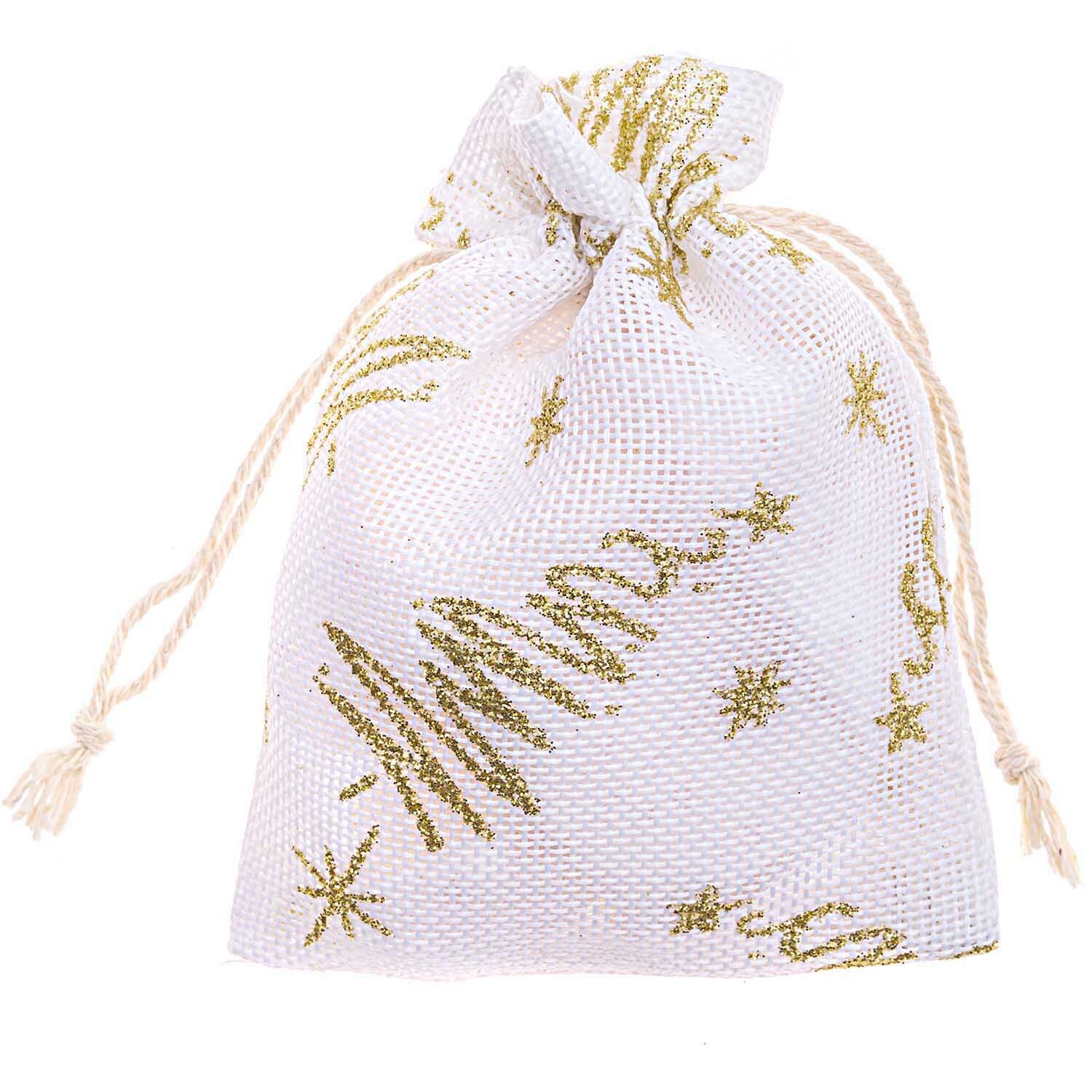 Beutel Jute-Optik Tannen weiß-gold 14x11cm mit goldenen Sternen und Schnurverschluss. Ideal für Geschenke.