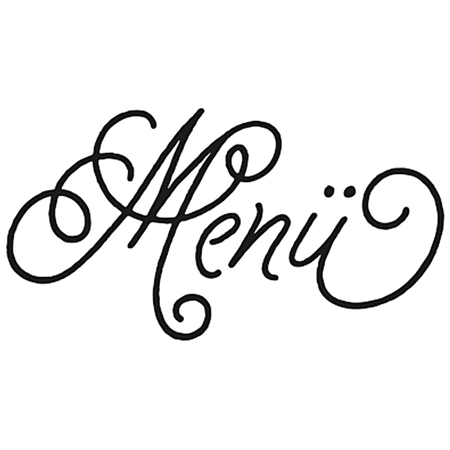 Stempel Menü 3,5x2cm von Rico Design zeigt das Wort "Menü" in eleganter, geschwungener Schrift.
