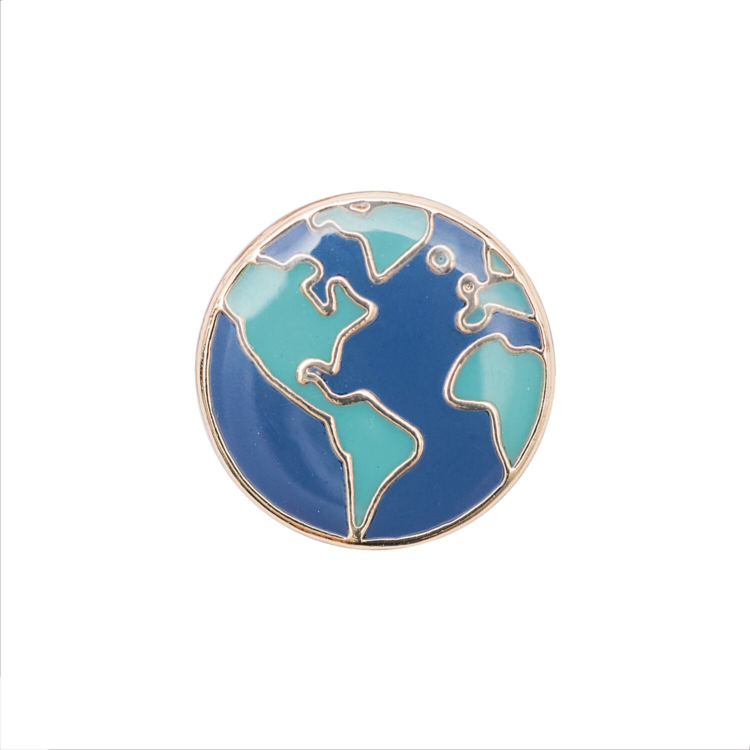 Pin Weltkugel 20x20mm, runder Emaille-Anstecker mit blau-türkisem Globusdesign und goldfarben umrandeten Kontinentlinien auf weißem Hintergrund