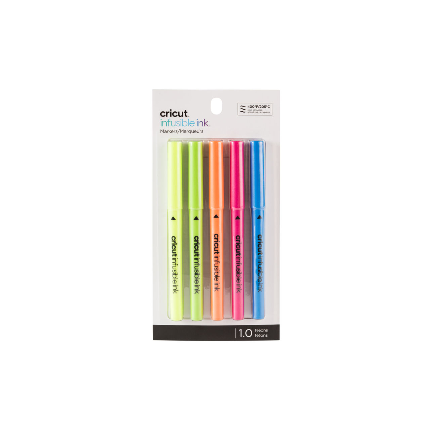 Infusible Ink™-Marker 1.0 Neon, 5 Stück in leuchtenden Farben von Cricut, ideal für kreative Projekte. Verpackung zeigt fünf bunte Marker.